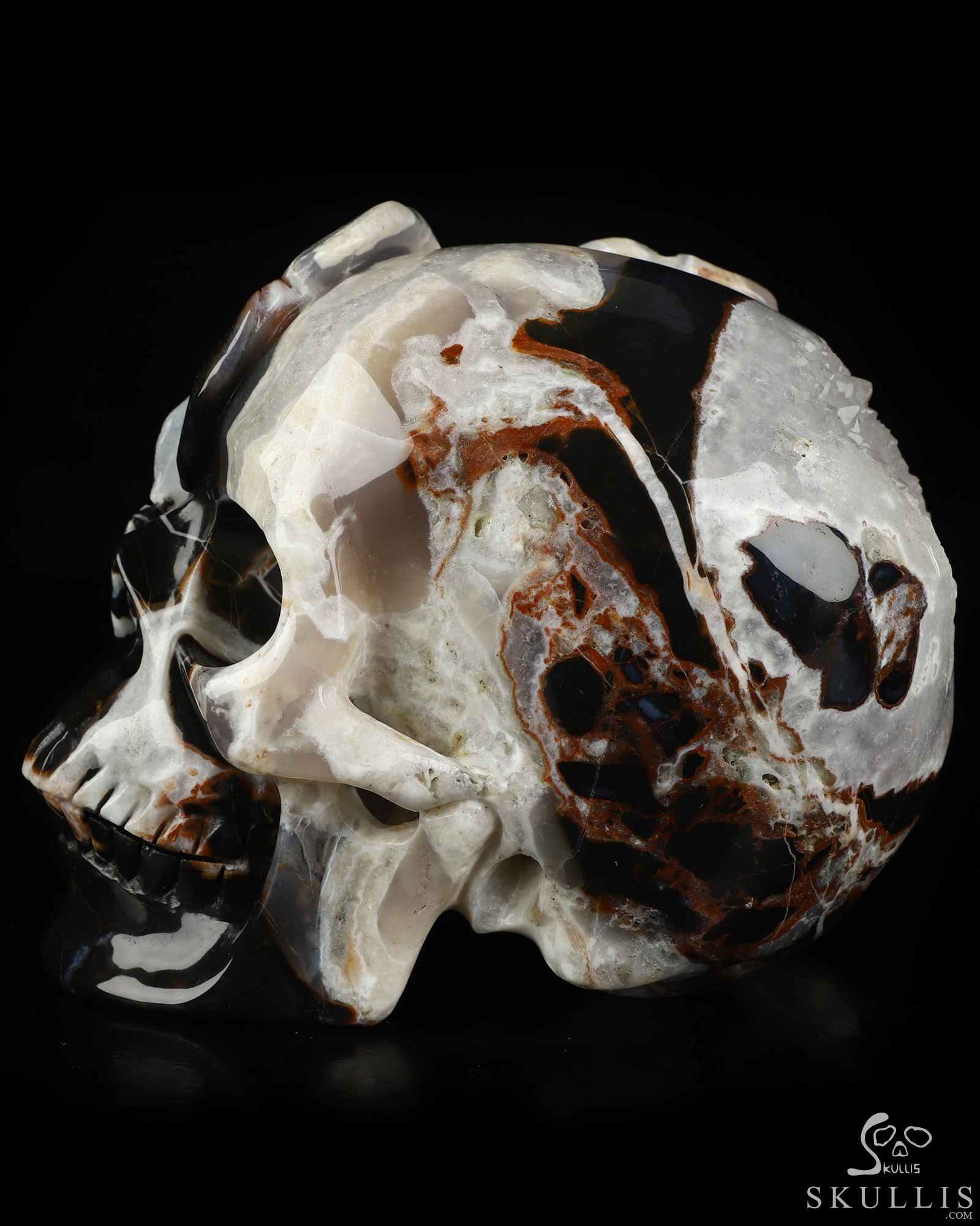 5.9" Black Zebra Agate Hand Carved Crystal Skull and Flower Fine Art Sculpture, Crystal Healing 5.9" Black Zebra Agate Hand Carved Crystal Skull and Flower Fine Art Sculpture, Crystal Healing