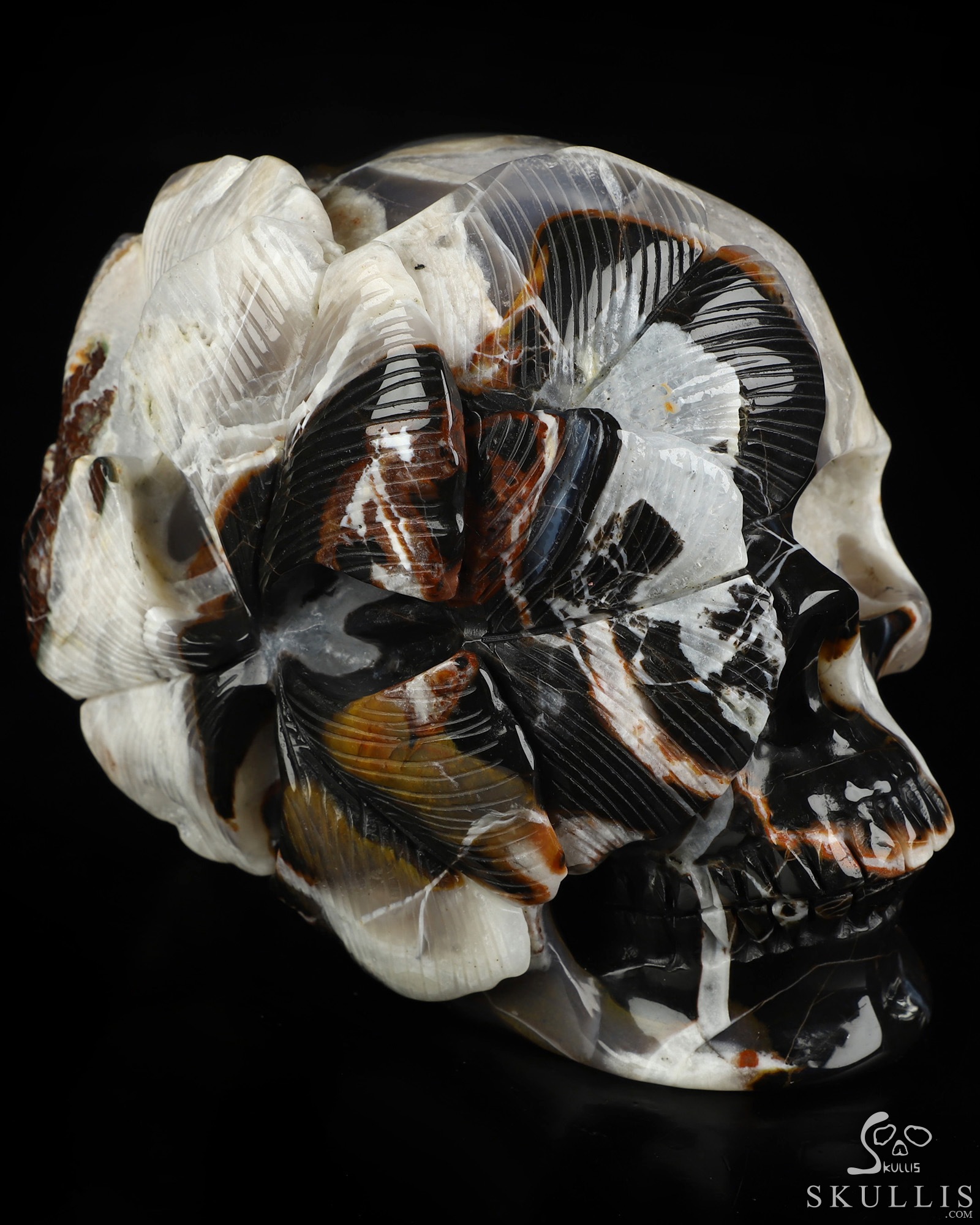 5.9" Black Zebra Agate Hand Carved Crystal Skull and Flower Fine Art Sculpture, Crystal Healing 5.9" Black Zebra Agate Hand Carved Crystal Skull and Flower Fine Art Sculpture, Crystal Healing