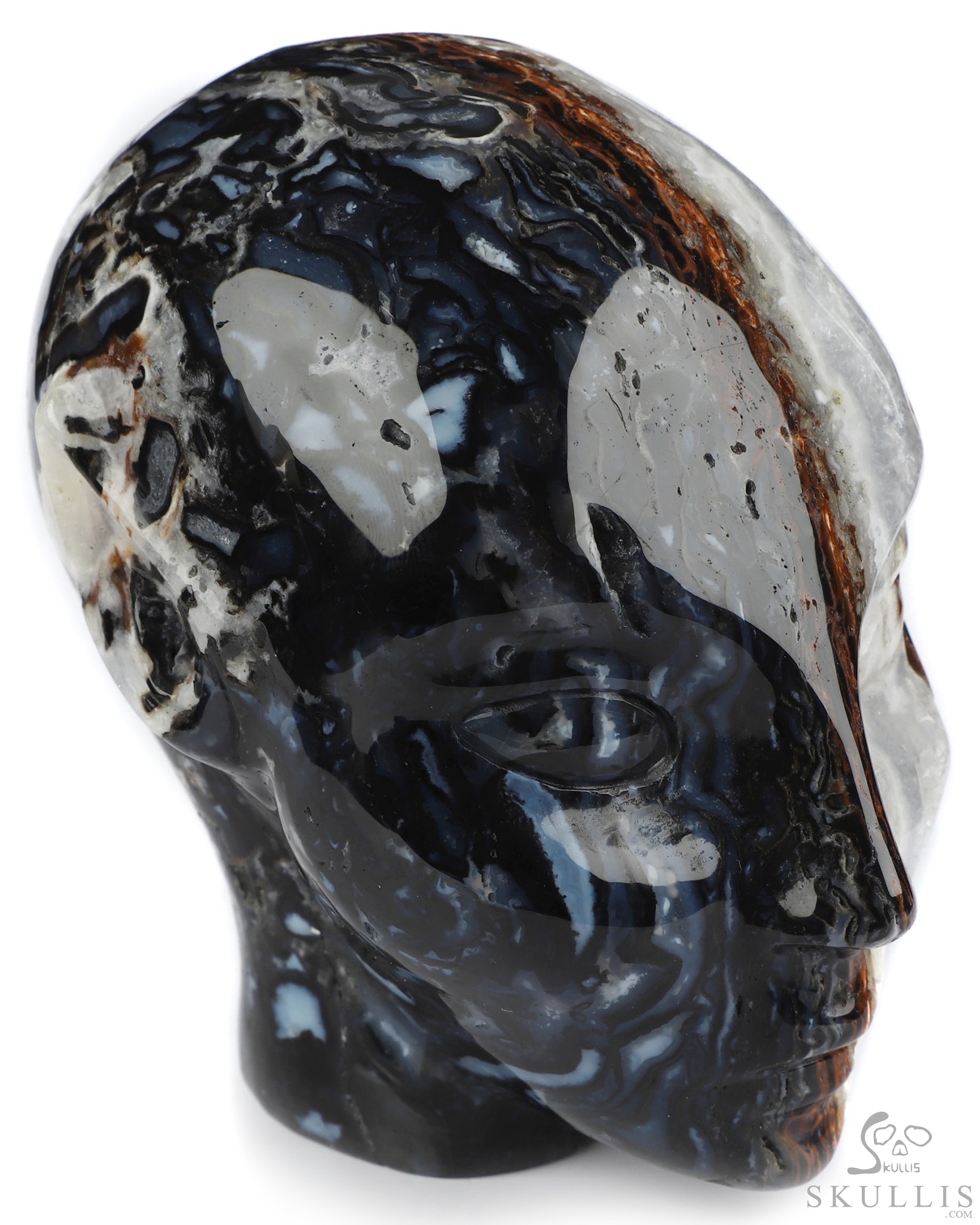 4.0" Black Zebra Agate Geode Hand Carved Fairy Elf Alien Crystal Skull Companion Sculpture, Crystal Healing 4.0" Black Zebra Agate Geode Hand Carved Fairy Elf Alien Crystal Skull Companion Sculpture, Crystal Healing