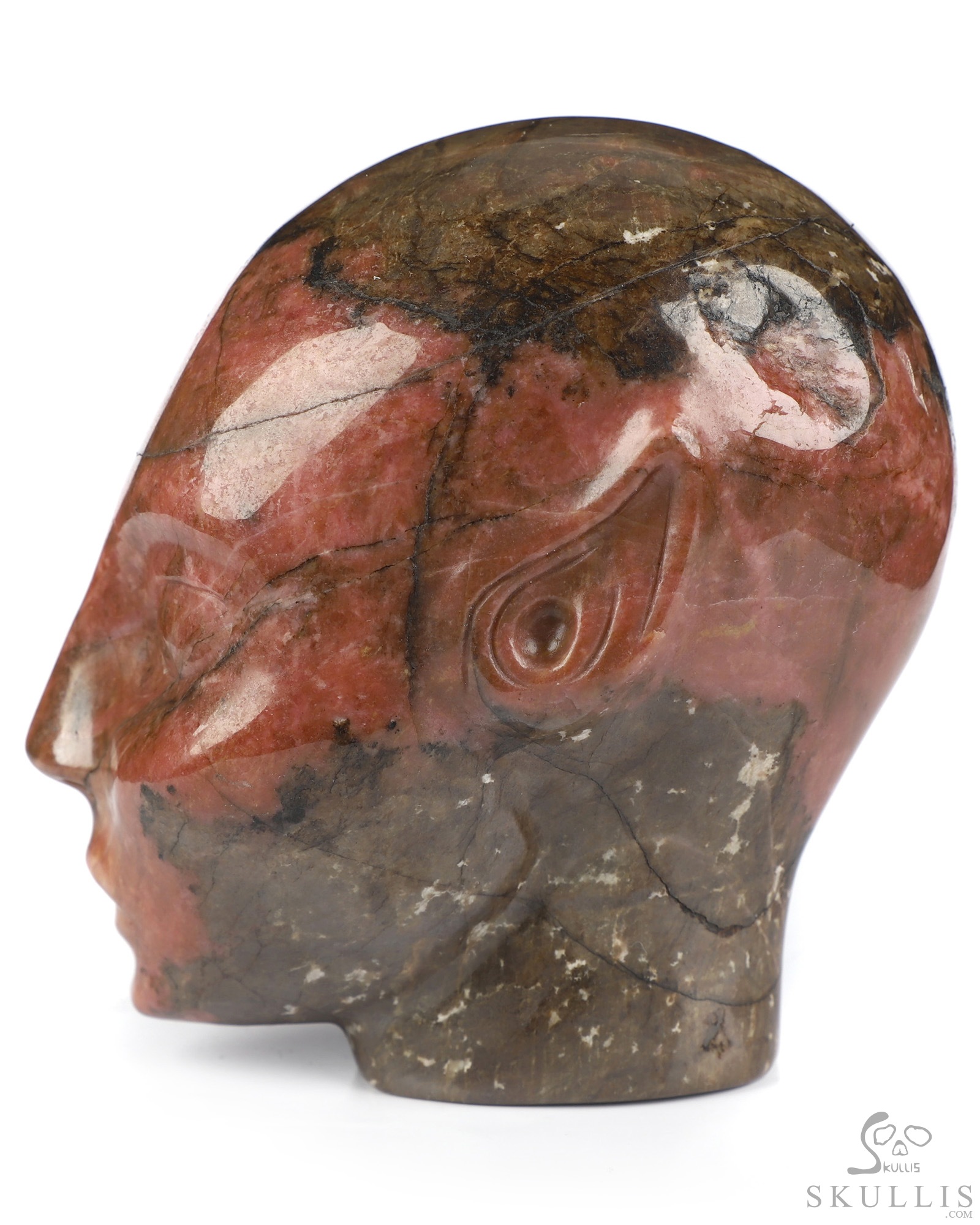 4.0" Pink & Black Rhodonite Hand Carved Fairy Elf Alien Crystal Skull Companion Sculpture, Crystal Healing 4.0" Pink & Black Rhodonite Hand Carved Fairy Elf Alien Crystal Skull Companion Sculpture, Crystal Healing