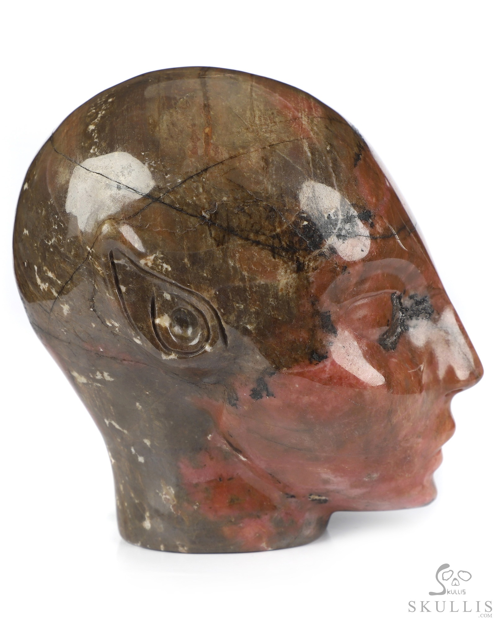 4.0" Pink & Black Rhodonite Hand Carved Fairy Elf Alien Crystal Skull Companion Sculpture, Crystal Healing 4.0" Pink & Black Rhodonite Hand Carved Fairy Elf Alien Crystal Skull Companion Sculpture, Crystal Healing