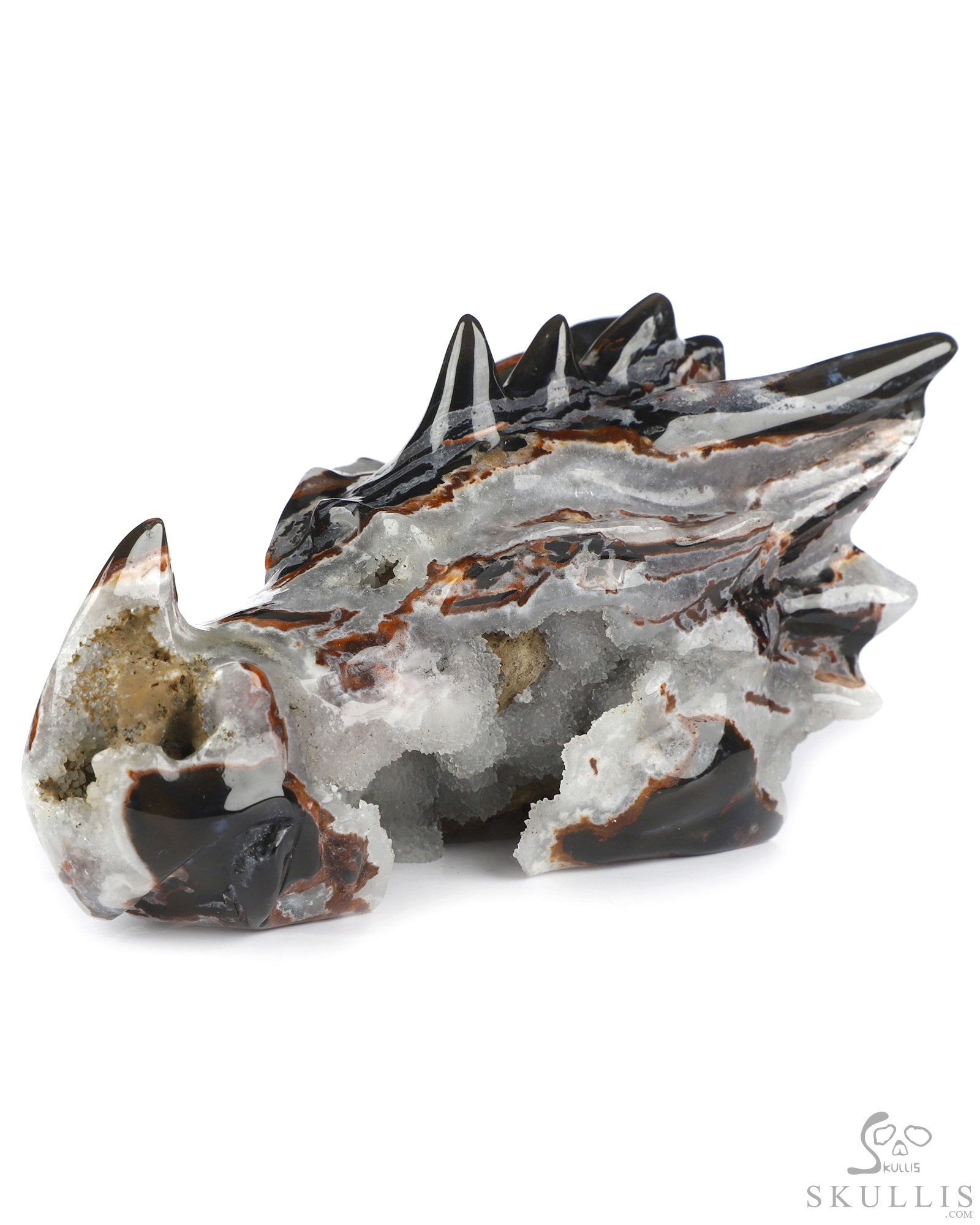 5.7" Black Zebra Agate Geode Hand Carved Crystal Dragon Head Skull Sculpture, Crystal Healing 5.7" Black Zebra Agate Geode Hand Carved Crystal Dragon Head Skull Sculpture, Crystal Healing