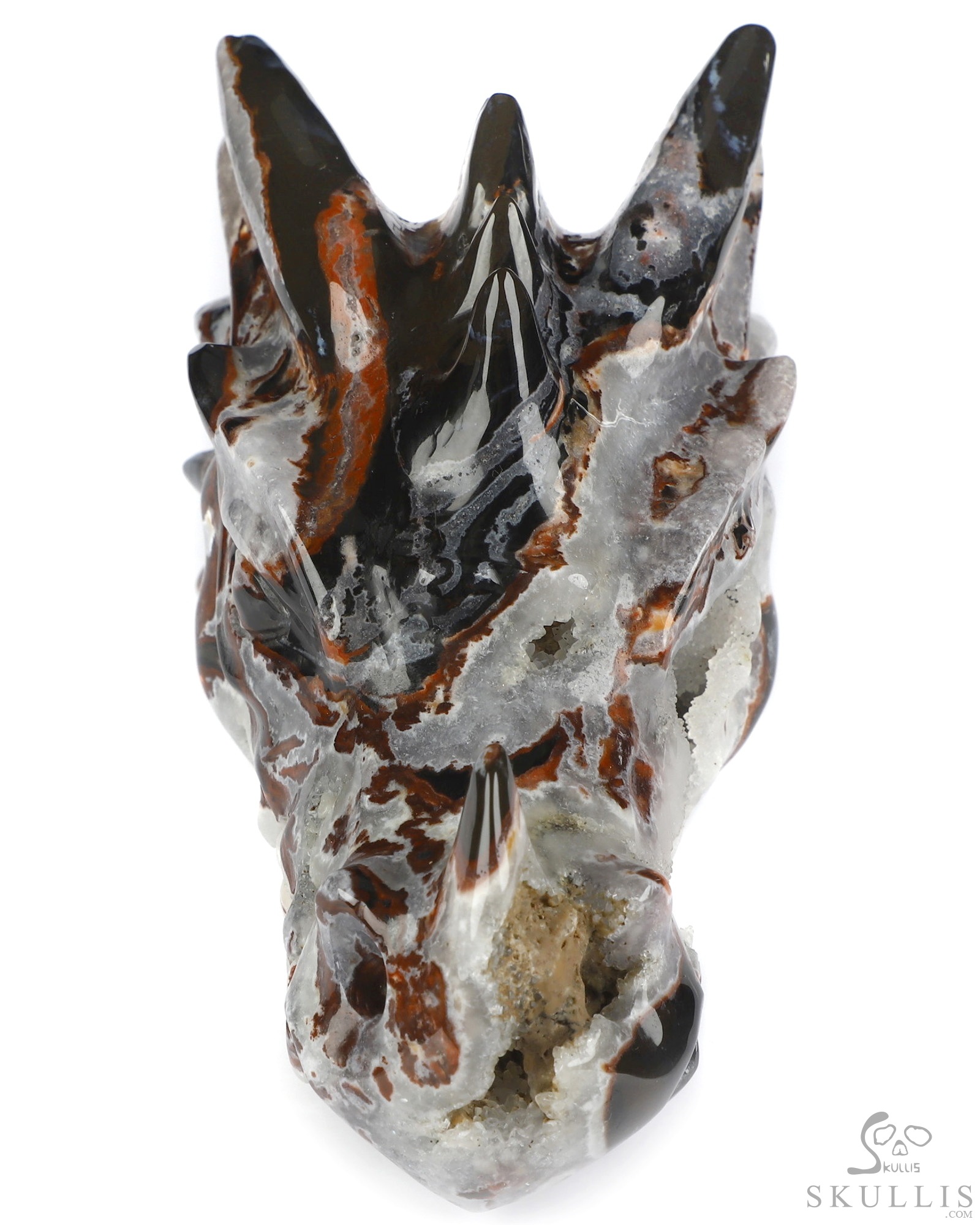 5.7" Black Zebra Agate Geode Hand Carved Crystal Dragon Head Skull Sculpture, Crystal Healing 5.7" Black Zebra Agate Geode Hand Carved Crystal Dragon Head Skull Sculpture, Crystal Healing