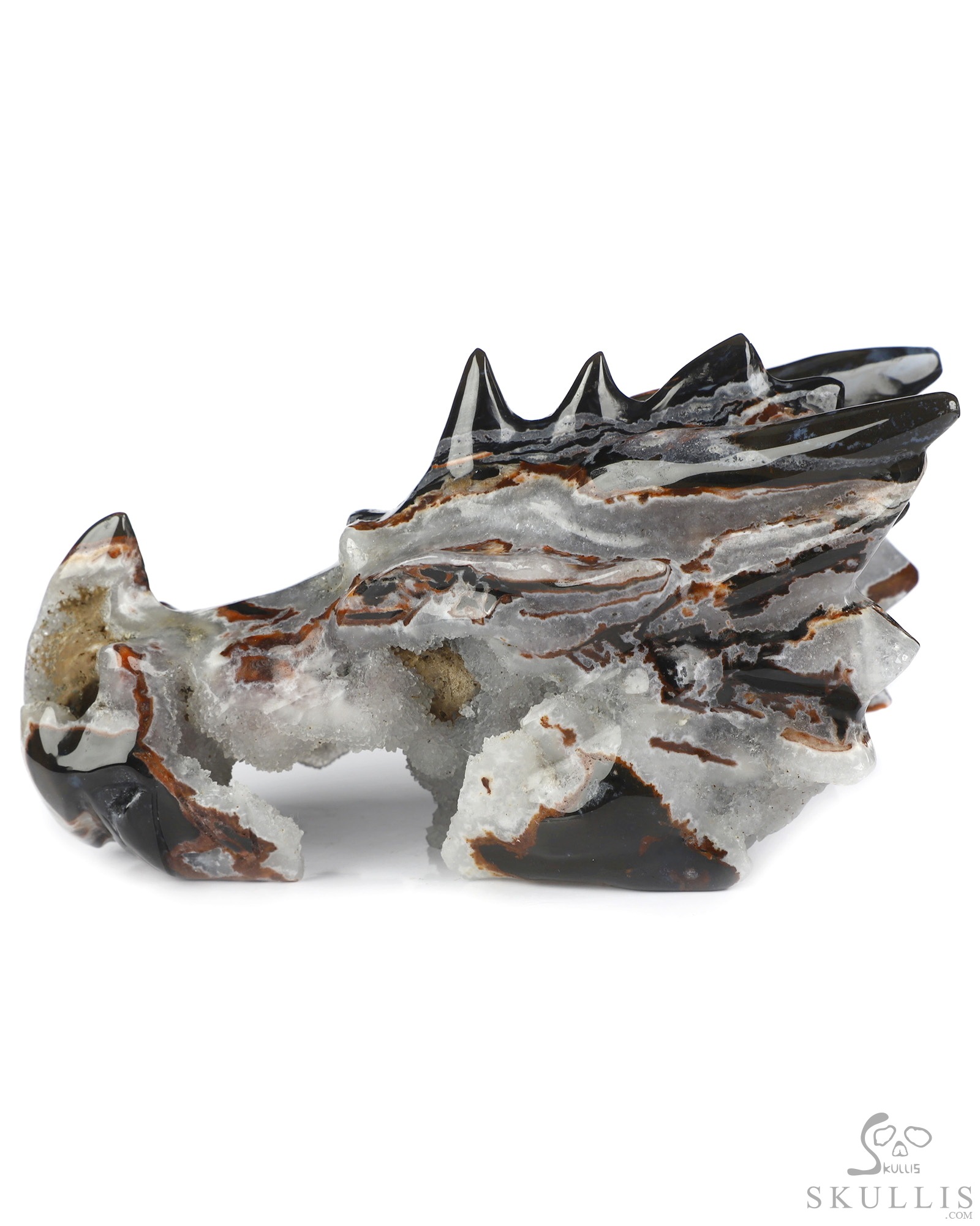 5.7" Black Zebra Agate Geode Hand Carved Crystal Dragon Head Skull Sculpture, Crystal Healing 5.7" Black Zebra Agate Geode Hand Carved Crystal Dragon Head Skull Sculpture, Crystal Healing
