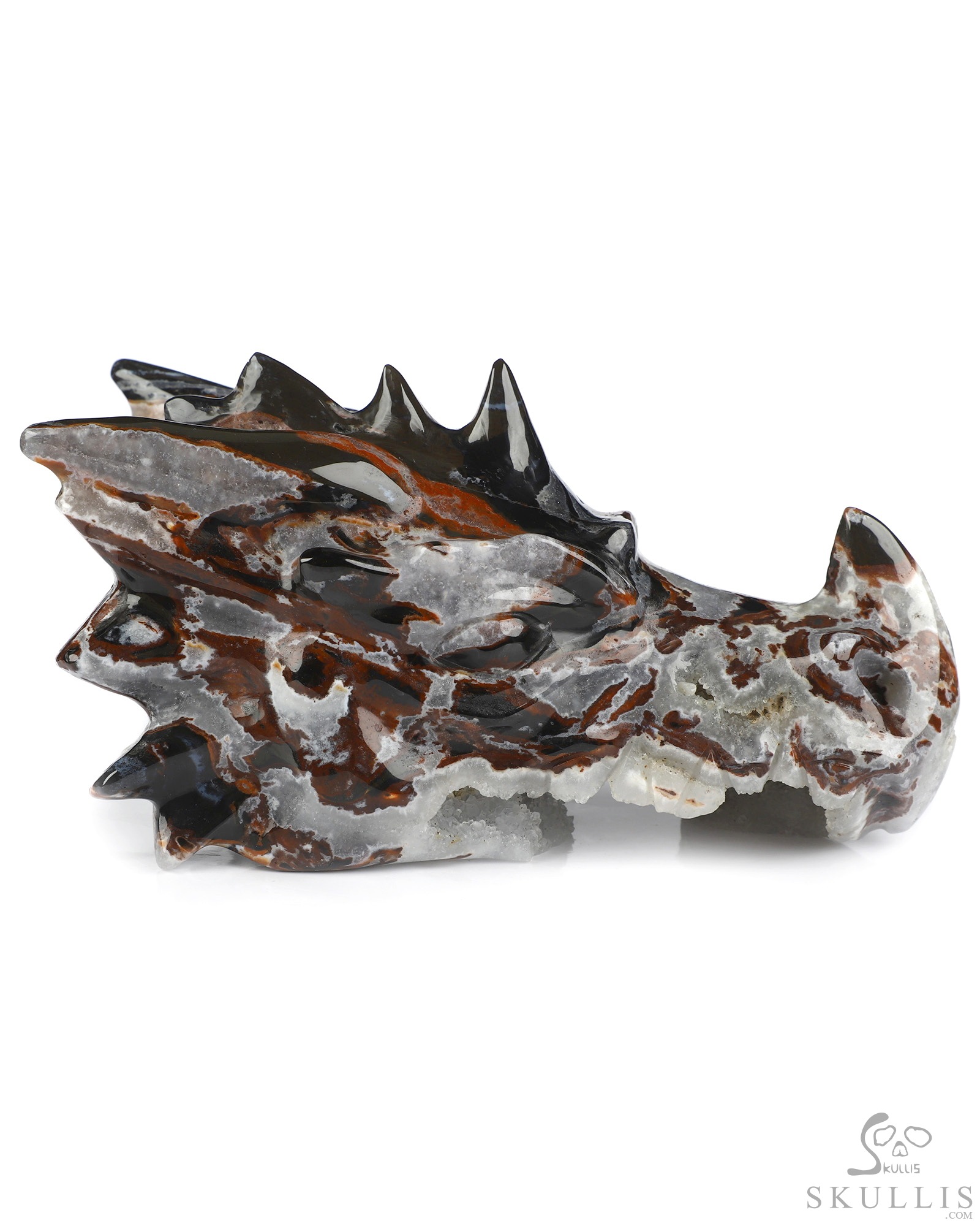 5.7" Black Zebra Agate Geode Hand Carved Crystal Dragon Head Skull Sculpture, Crystal Healing 5.7" Black Zebra Agate Geode Hand Carved Crystal Dragon Head Skull Sculpture, Crystal Healing