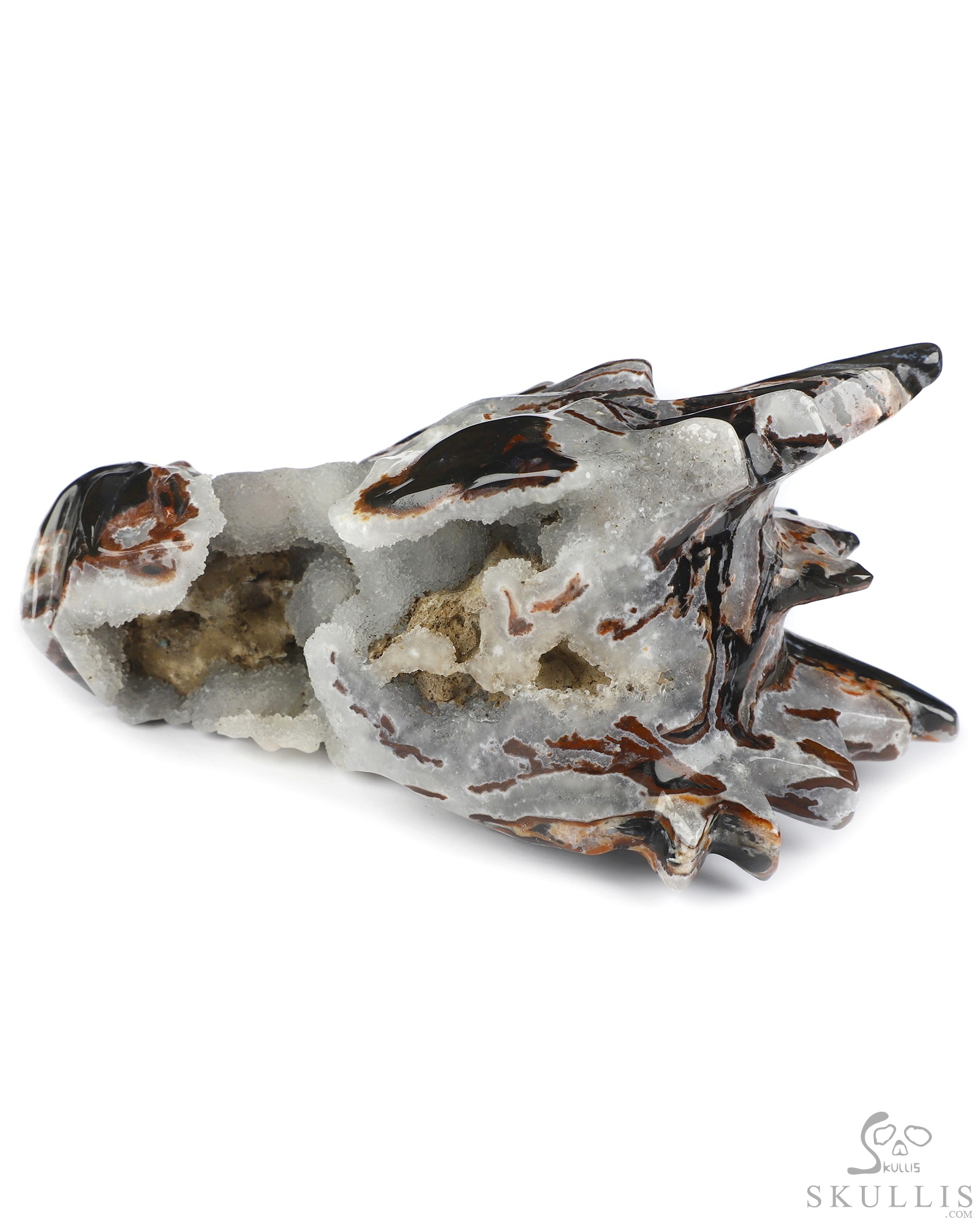5.7" Black Zebra Agate Geode Hand Carved Crystal Dragon Head Skull Sculpture, Crystal Healing 5.7" Black Zebra Agate Geode Hand Carved Crystal Dragon Head Skull Sculpture, Crystal Healing