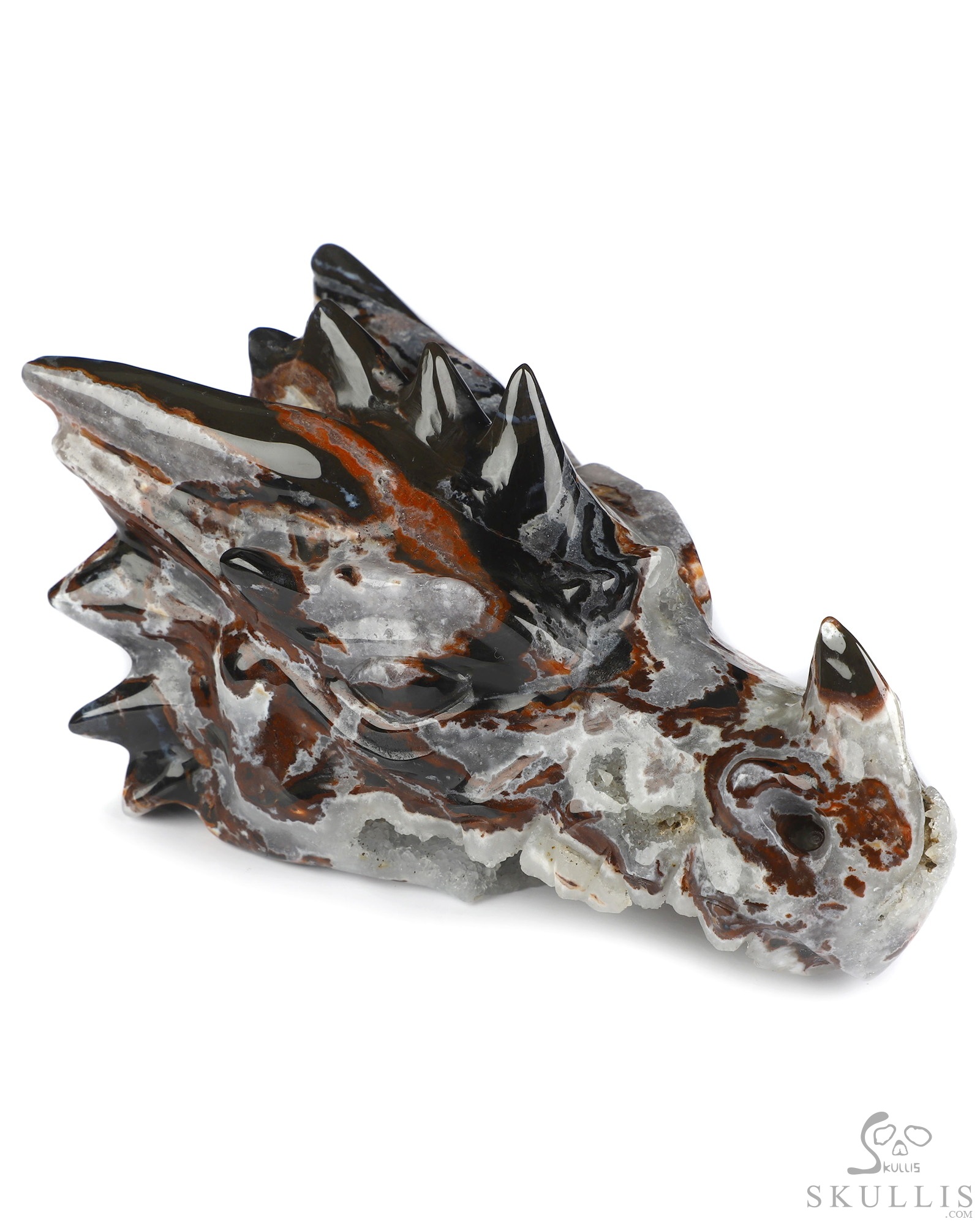 5.7" Black Zebra Agate Geode Hand Carved Crystal Dragon Head Skull Sculpture, Crystal Healing 5.7" Black Zebra Agate Geode Hand Carved Crystal Dragon Head Skull Sculpture, Crystal Healing