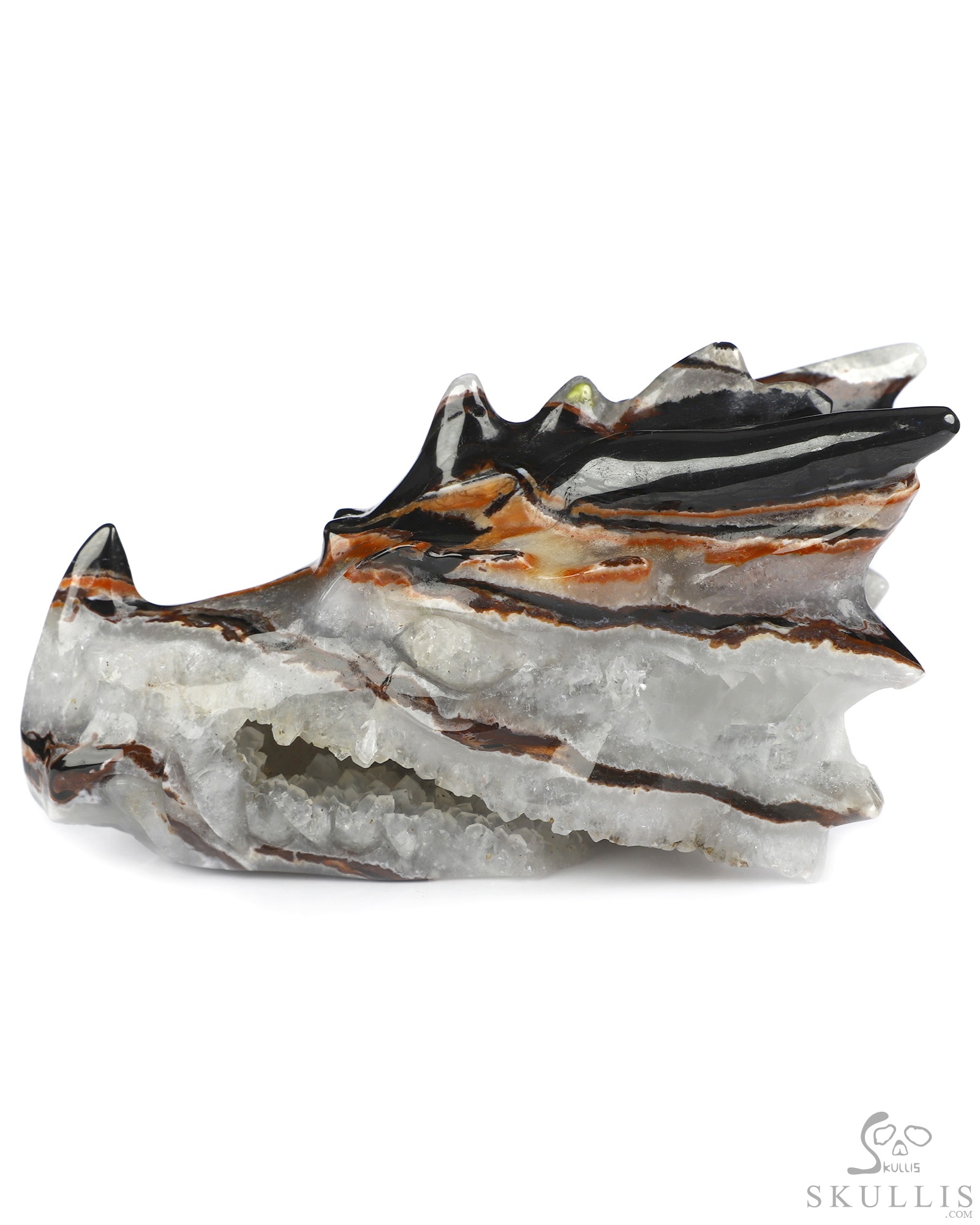 5.8" Black Zebra Agate Hand Carved Crystal Dragon Head Skull Sculpture, Crystal Healing 5.8" Black Zebra Agate Hand Carved Crystal Dragon Head Skull Sculpture, Crystal Healing