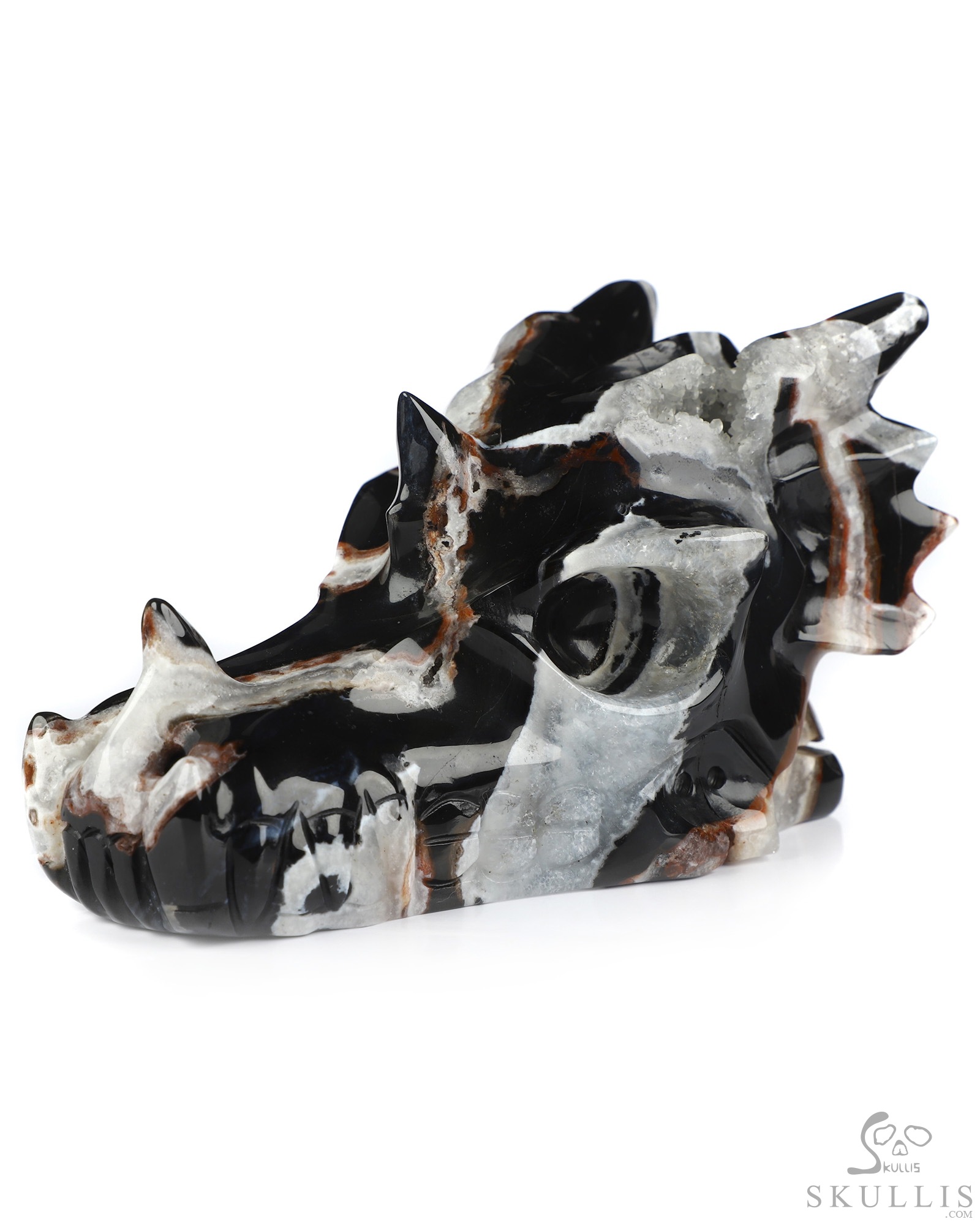 5.0" Black Zebra Agate Hand Carved Crystal Dragon Skull Sculpture, Crystal Healing 5.0" Black Zebra Agate Hand Carved Crystal Dragon Skull Sculpture, Crystal Healing