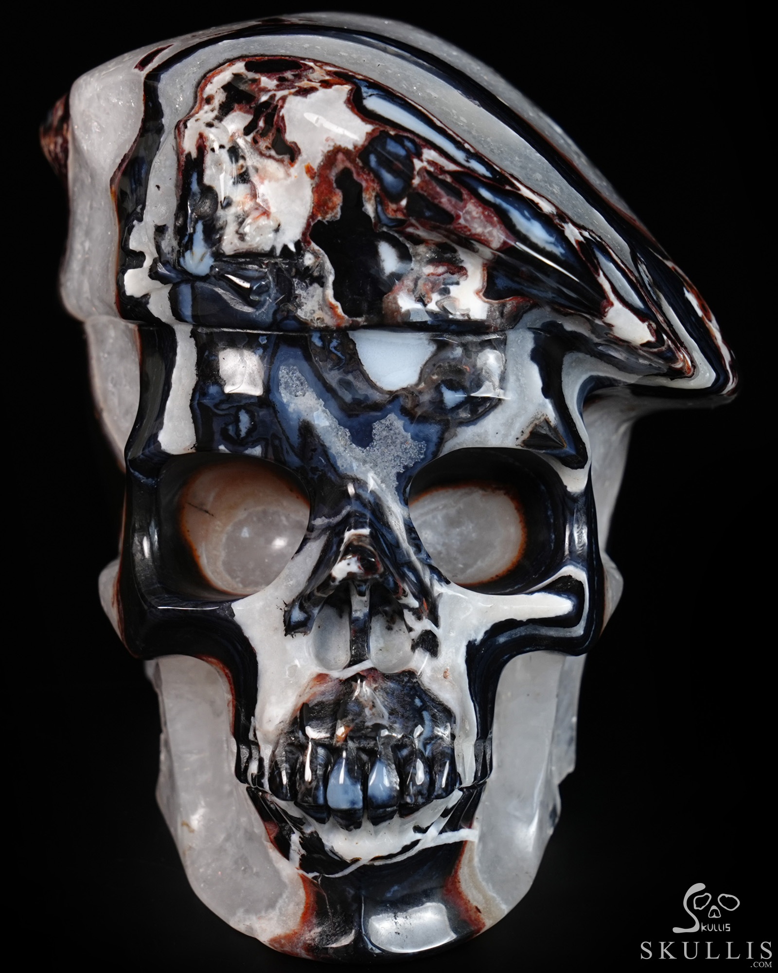 5.5" Black Zebra Agate Hand Carved Beret Crystal Skull Sculpture, Crystal Healing 5.5" Black Zebra Agate Hand Carved Beret Crystal Skull Sculpture, Crystal Healing
