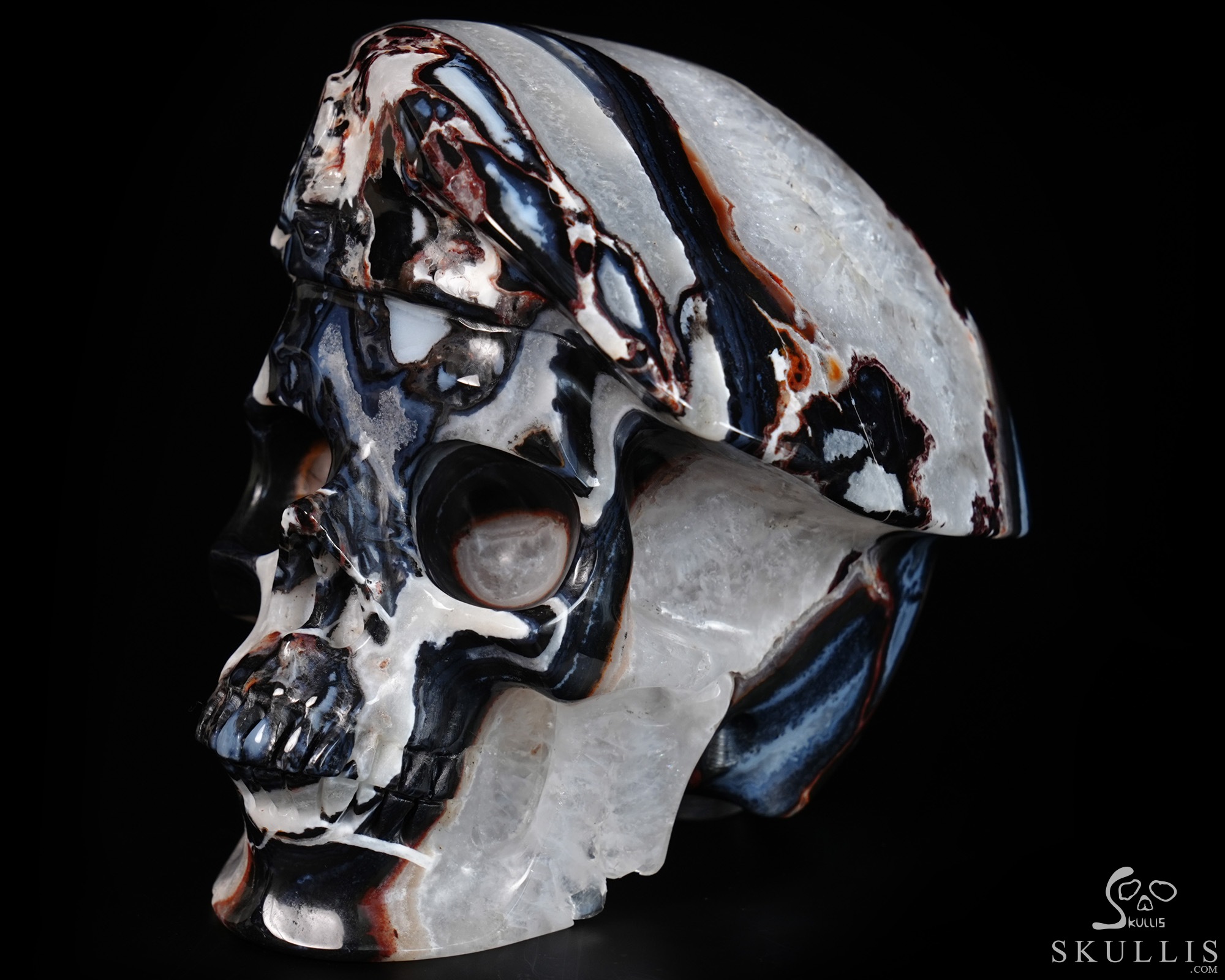 5.5" Black Zebra Agate Hand Carved Beret Crystal Skull Sculpture, Crystal Healing 5.5" Black Zebra Agate Hand Carved Beret Crystal Skull Sculpture, Crystal Healing