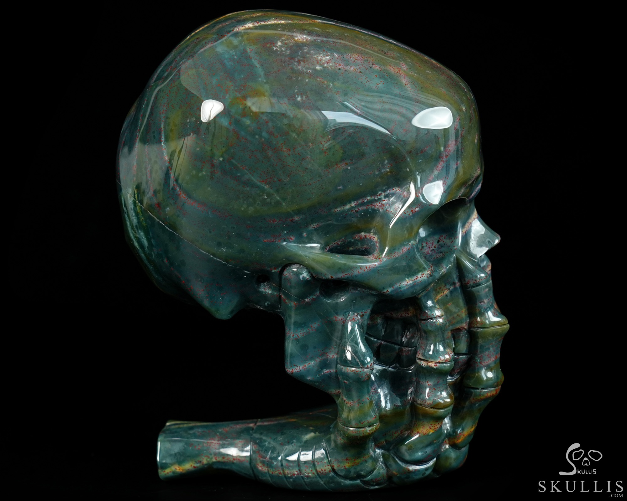 The Thinker---5.7" Bloodstone Hand Carved Crystal Skull & Skeletal Hand Sculpture, Crystal Healing The Thinker---5.7" Bloodstone Hand Carved Crystal Skull & Skeletal Hand Sculpture, Crystal Healing