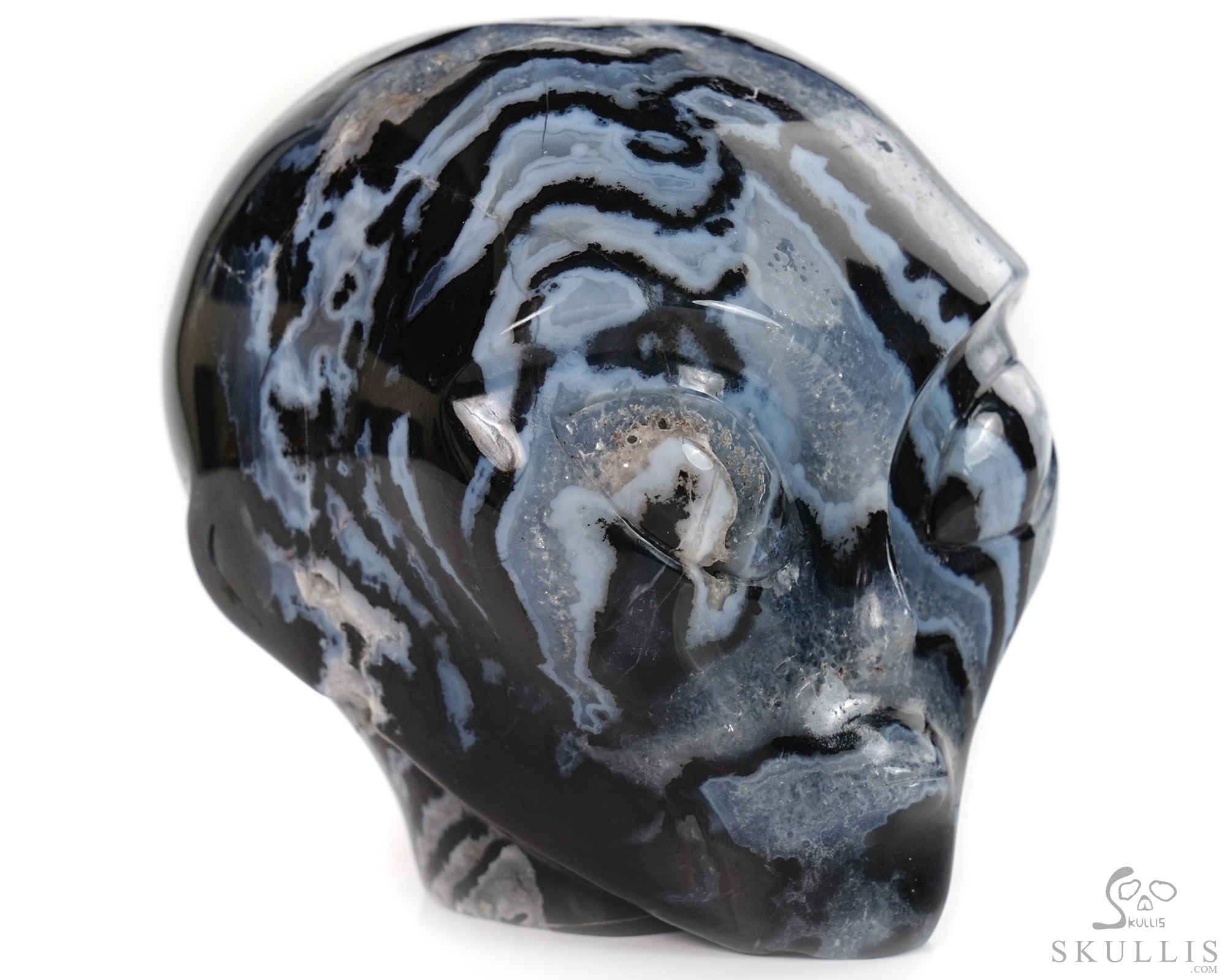 4.0" Black Zebra Agate Star Being Female Alien Crystal Skull Companion, Hand Carved Gemstone Fine Art Sculpture, Reiki Healing Stone Statue 4.0" Black Zebra Agate Star Being Female Alien Crystal Skull Companion, Hand Carved Gemstone Fine Art Sculpture, Reiki Healing Stone Statue