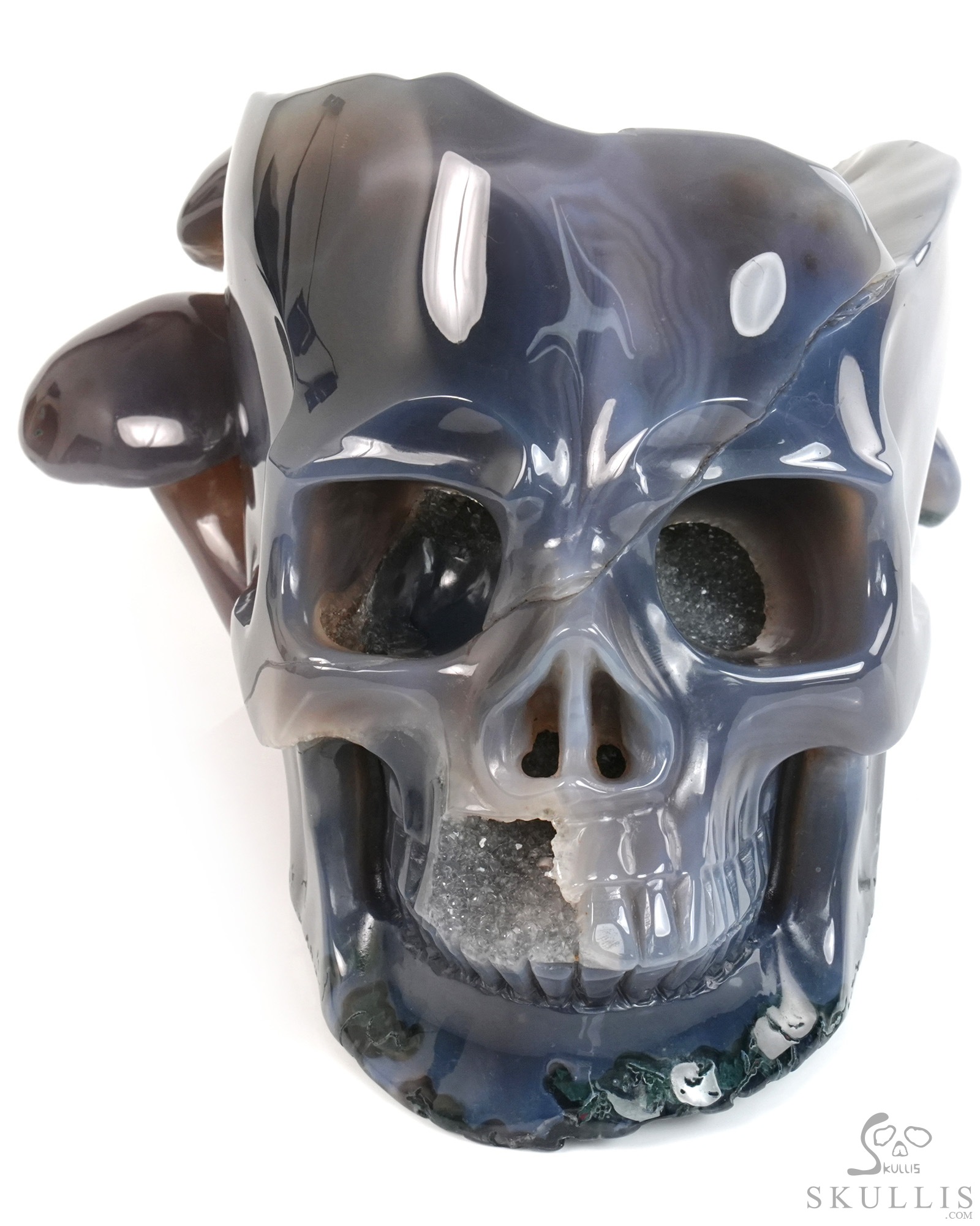 7.7" Agate Geode Hand Carved Mushroom Crystal Skull Sculpture, Crystal Healing 7.7" Agate Geode Hand Carved Mushroom Crystal Skull Sculpture, Crystal Healing