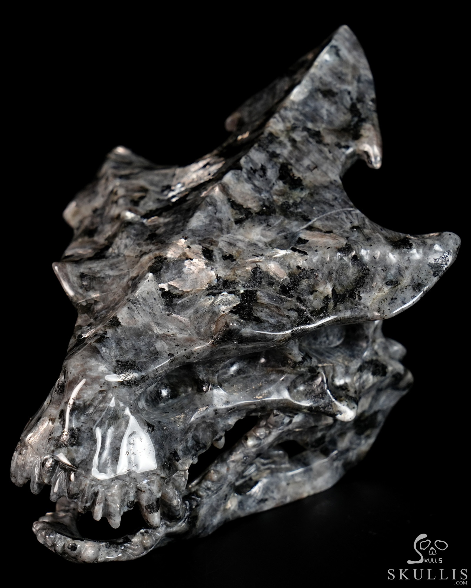 4.5" Larvikite Hand Carved Crystal Pterodactyl Skull Fine Art Sculpture, Crystal Healing 4.5" Larvikite Hand Carved Crystal Pterodactyl Skull Fine Art Sculpture, Crystal Healing