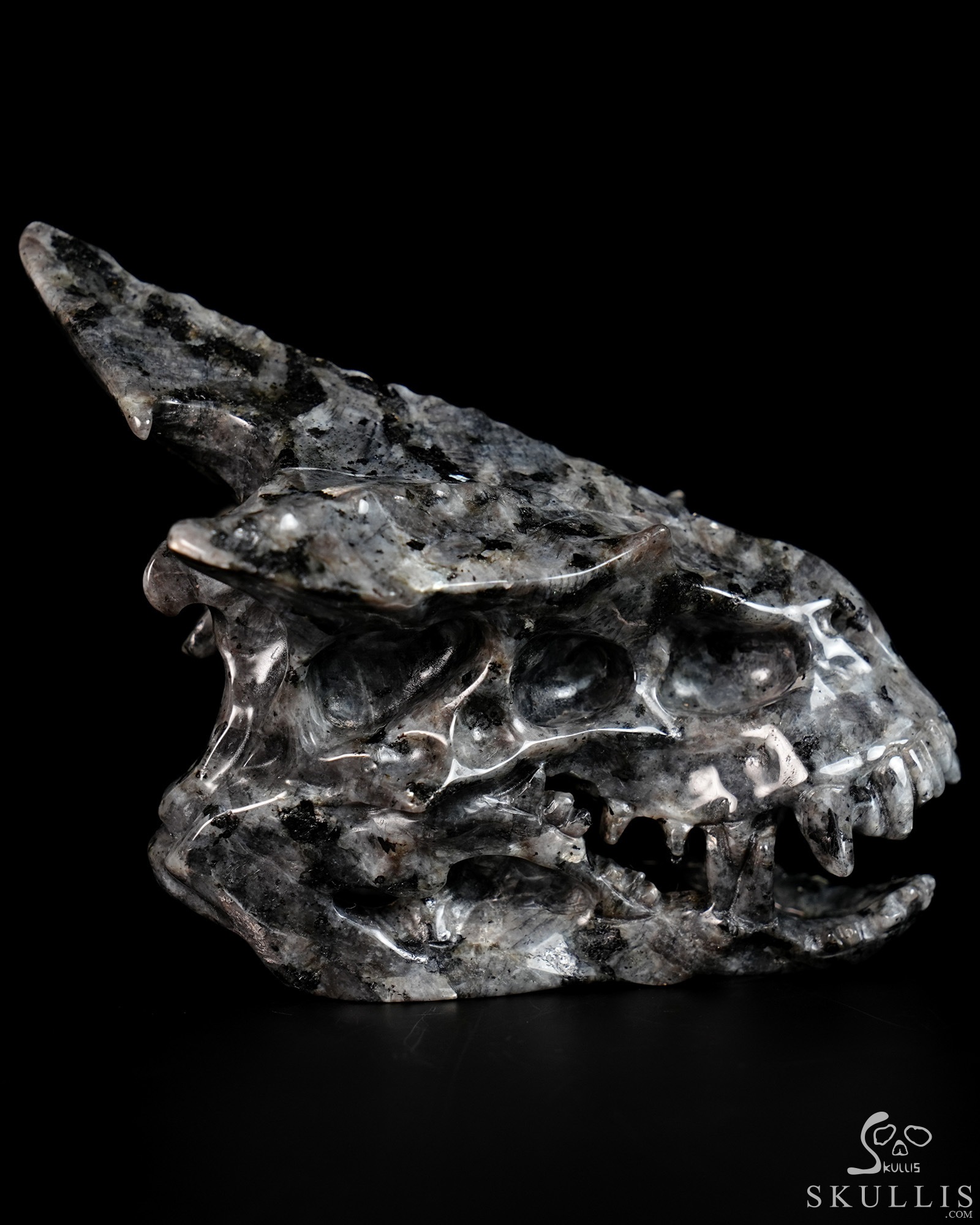 4.5" Larvikite Hand Carved Crystal Pterodactyl Skull Fine Art Sculpture, Crystal Healing 4.5" Larvikite Hand Carved Crystal Pterodactyl Skull Fine Art Sculpture, Crystal Healing