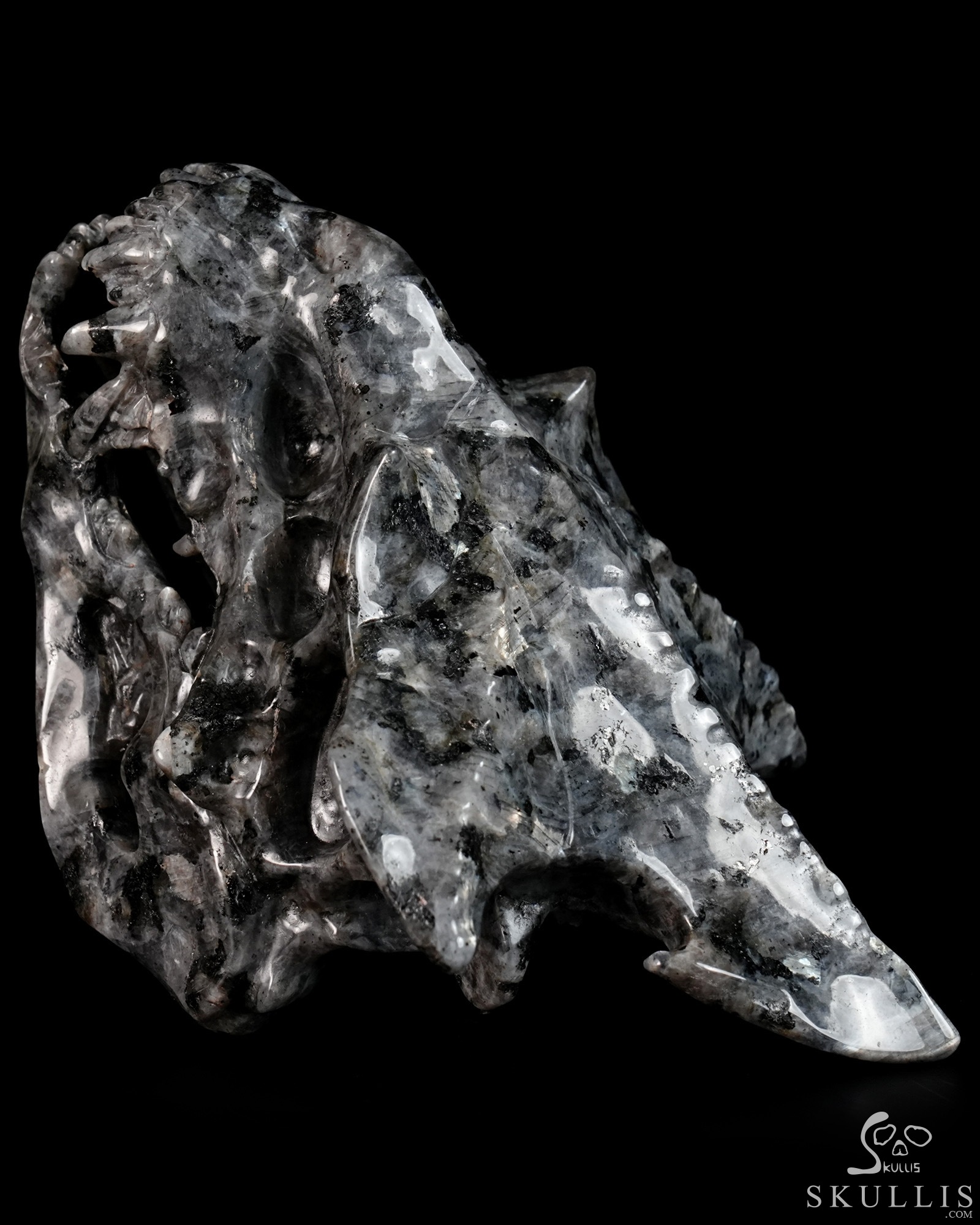 4.5" Larvikite Hand Carved Crystal Pterodactyl Skull Fine Art Sculpture, Crystal Healing 4.5" Larvikite Hand Carved Crystal Pterodactyl Skull Fine Art Sculpture, Crystal Healing