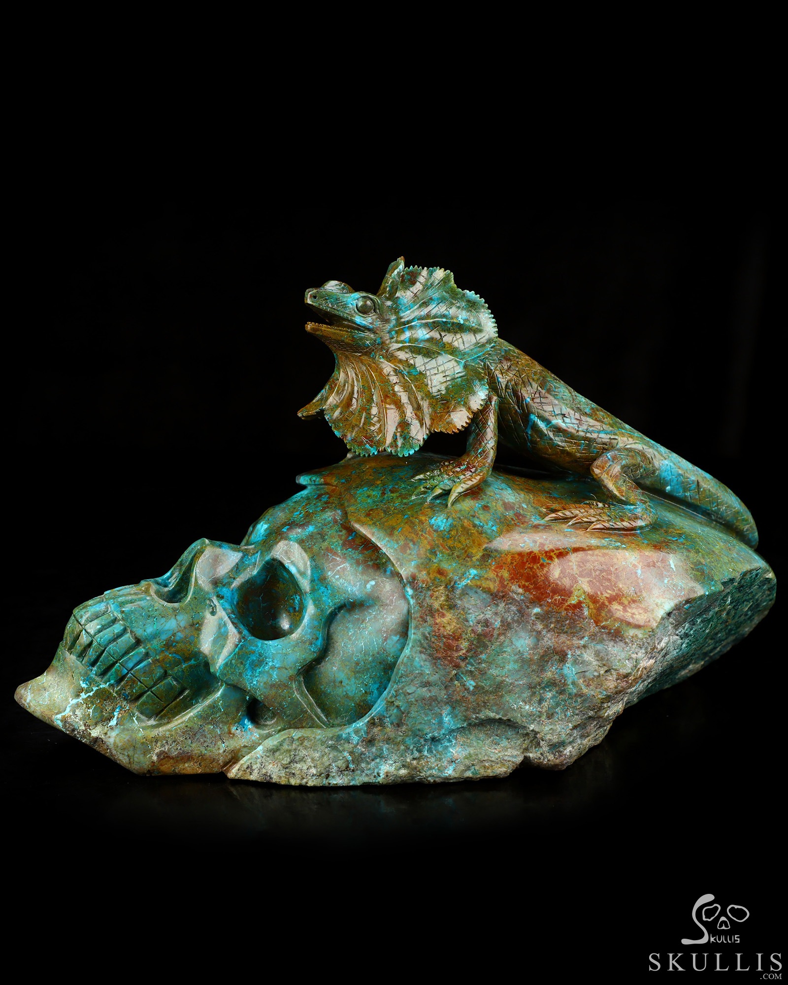 July 23, 2026 ACSAD (A Crystal Skull a Day) - Oasis of the Forgotten Sun - 9.0" Carved Gemstone Chrysocolla Frilled Lizard Crystal Skull Fine Art Sculpture, Crystal Healing July 23, 2026 ACSAD (A Crystal Skull a Day) - Oasis of the Forgotten Sun - 9.0" Carved Gemstone Chrysocolla Frilled Lizard Crystal Skull Fine Art Sculpture, Crystal Healing