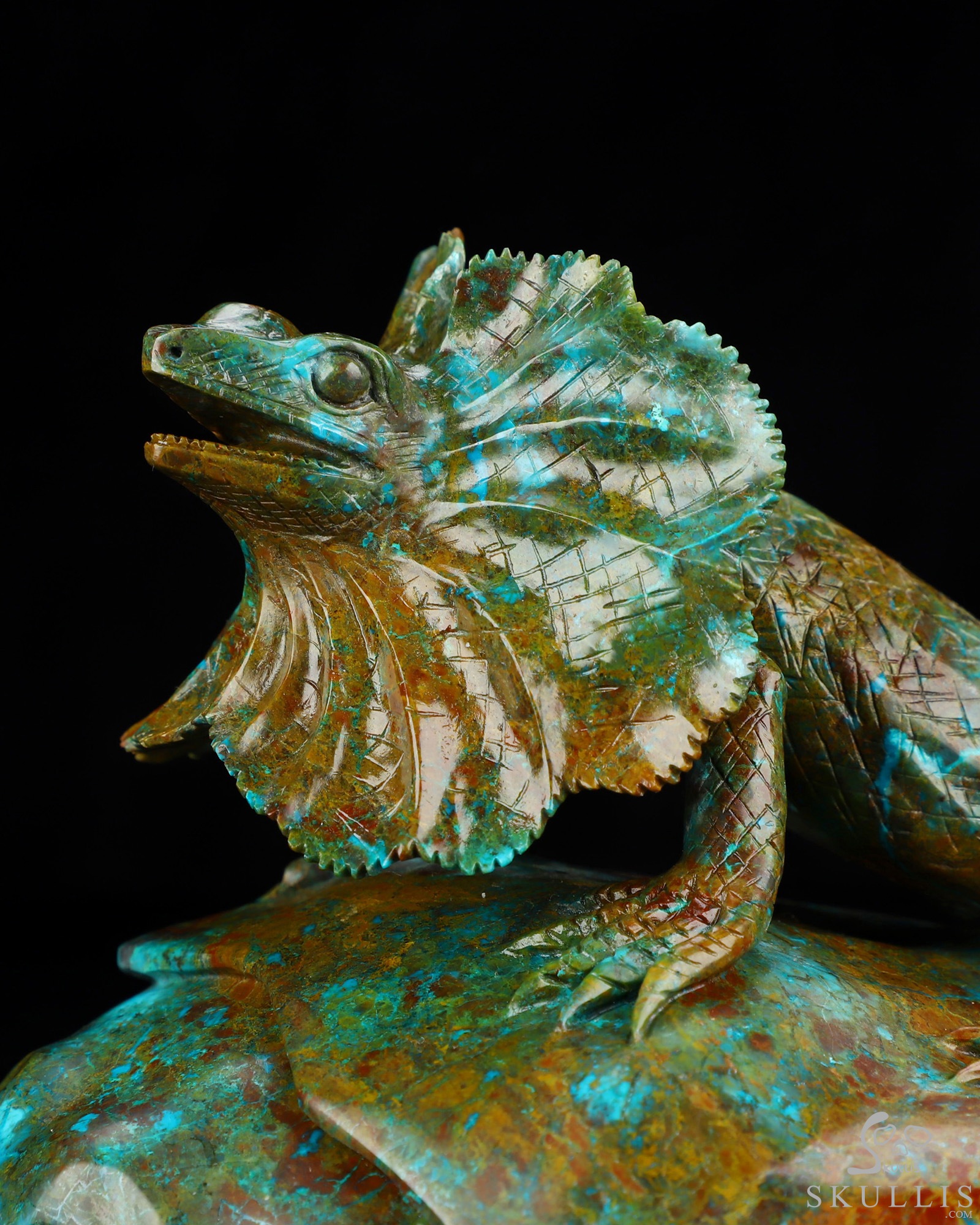 July 23, 2026 ACSAD (A Crystal Skull a Day) - Oasis of the Forgotten Sun - 9.0" Carved Gemstone Chrysocolla Frilled Lizard Crystal Skull Fine Art Sculpture, Crystal Healing July 23, 2026 ACSAD (A Crystal Skull a Day) - Oasis of the Forgotten Sun - 9.0" Carved Gemstone Chrysocolla Frilled Lizard Crystal Skull Fine Art Sculpture, Crystal Healing