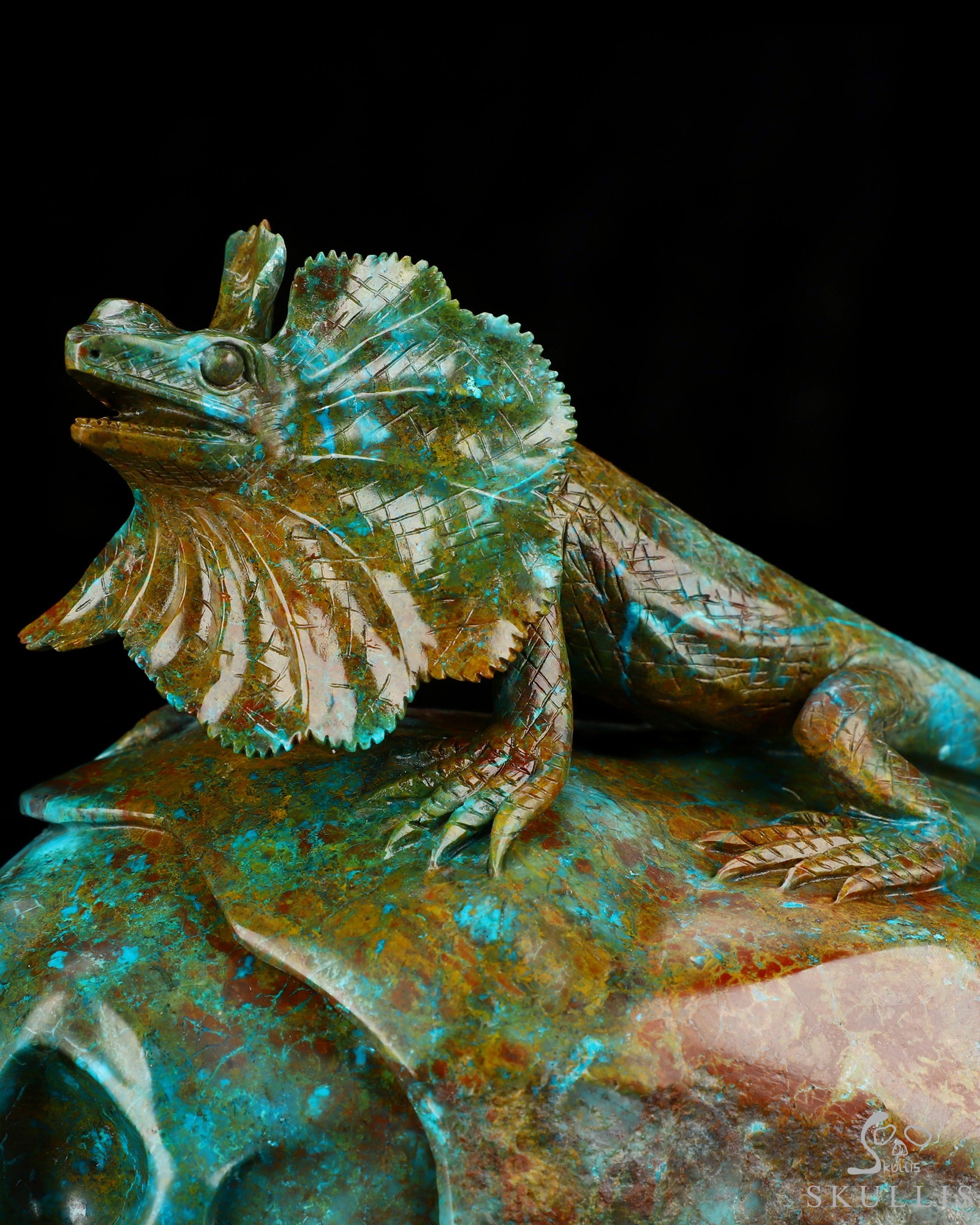 July 23, 2026 ACSAD (A Crystal Skull a Day) - Oasis of the Forgotten Sun - 9.0" Carved Gemstone Chrysocolla Frilled Lizard Crystal Skull Fine Art Sculpture, Crystal Healing July 23, 2026 ACSAD (A Crystal Skull a Day) - Oasis of the Forgotten Sun - 9.0" Carved Gemstone Chrysocolla Frilled Lizard Crystal Skull Fine Art Sculpture, Crystal Healing