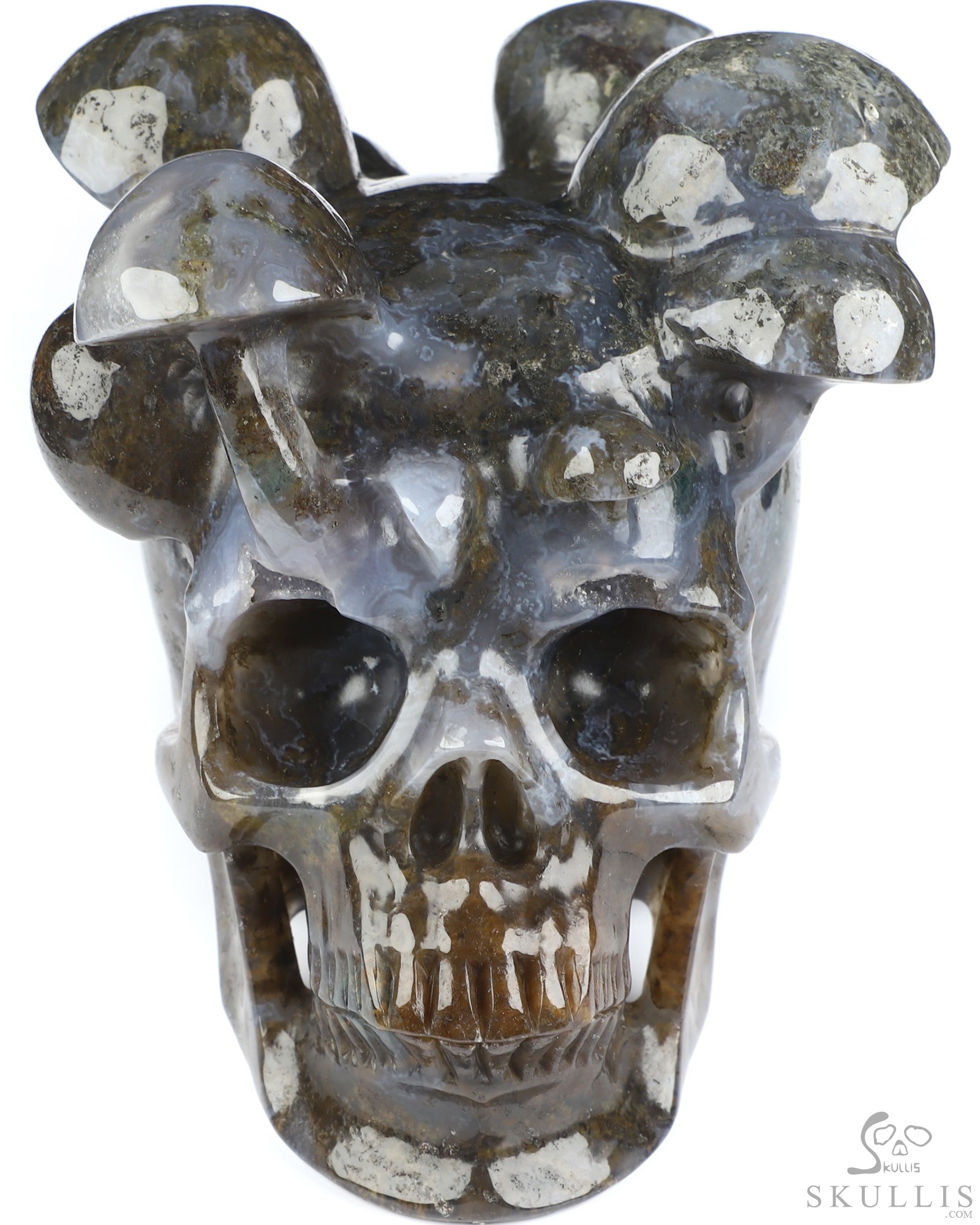 5.2" Green Moss Agate Hand Carved Mushroom Crystal Skull Sculpture, Crystal Healing 5.2" Green Moss Agate Hand Carved Mushroom Crystal Skull Sculpture, Crystal Healing