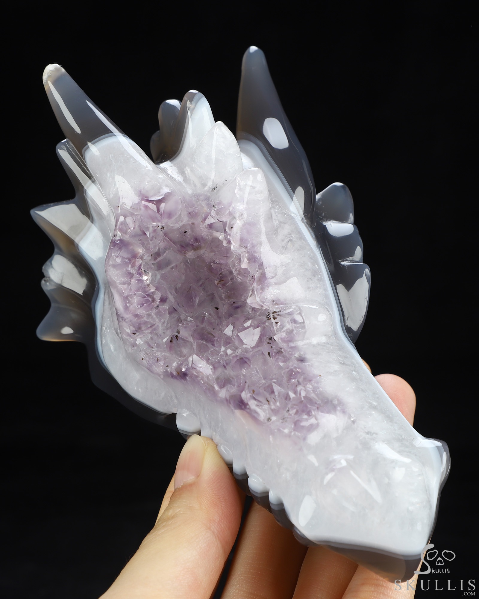 5.0" Agate Amethyst Druse Hand Carved Crystal Dragon Head Skull Sculpture, Crystal Healing 5.0" Agate Amethyst Druse Hand Carved Crystal Dragon Head Skull Sculpture, Crystal Healing