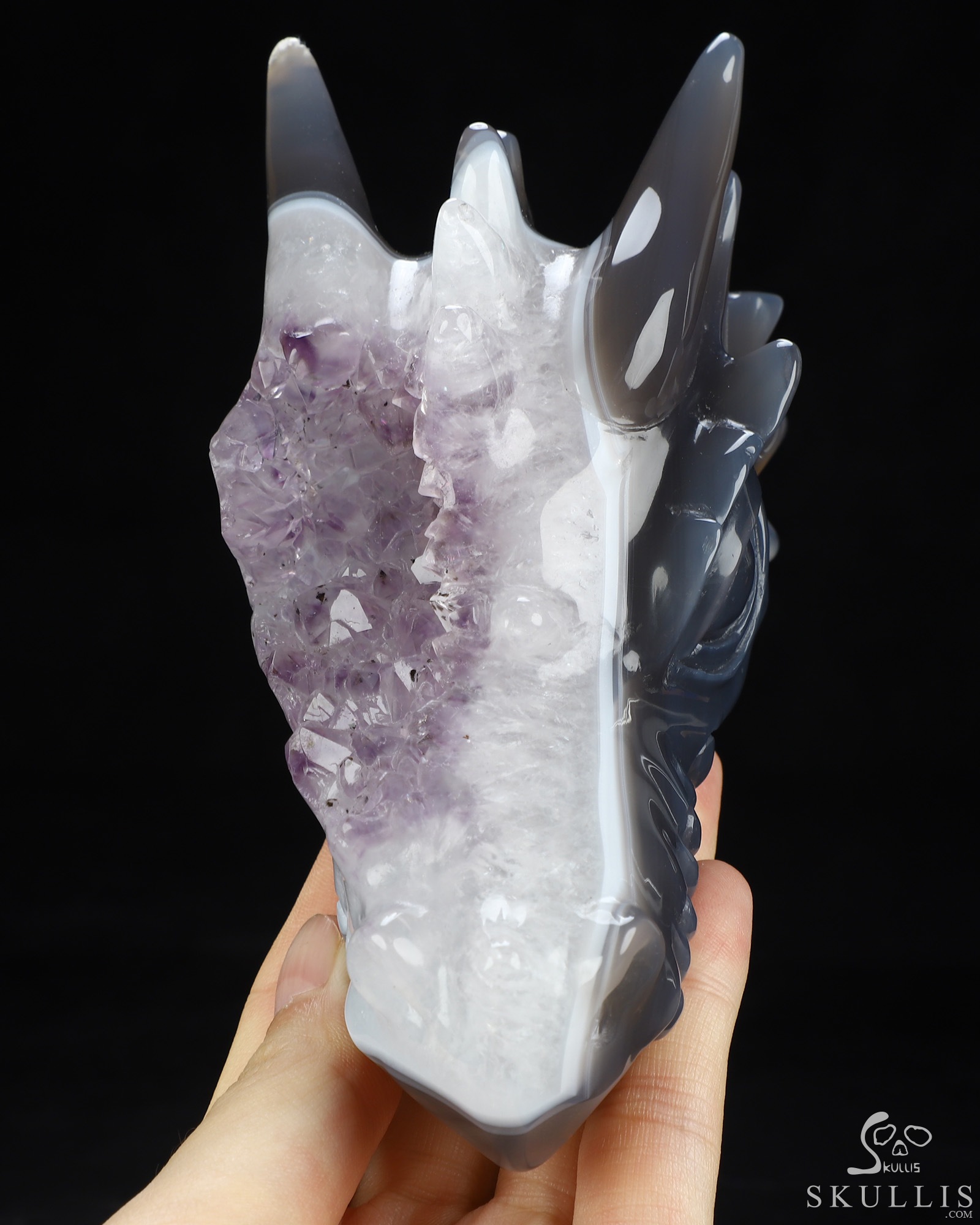 5.0" Agate Amethyst Druse Hand Carved Crystal Dragon Head Skull Sculpture, Crystal Healing 5.0" Agate Amethyst Druse Hand Carved Crystal Dragon Head Skull Sculpture, Crystal Healing