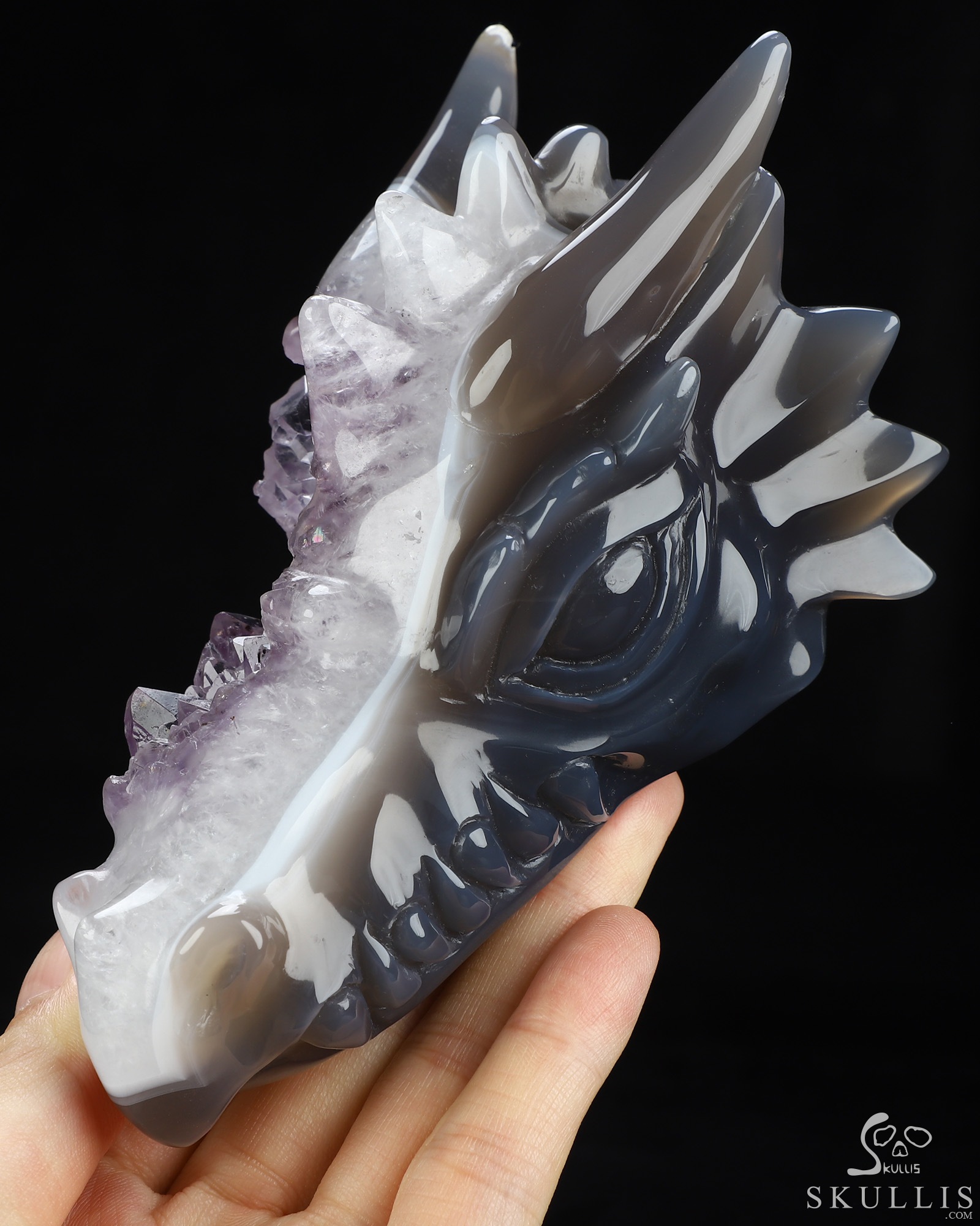 5.0" Agate Amethyst Druse Hand Carved Crystal Dragon Head Skull Sculpture, Crystal Healing 5.0" Agate Amethyst Druse Hand Carved Crystal Dragon Head Skull Sculpture, Crystal Healing