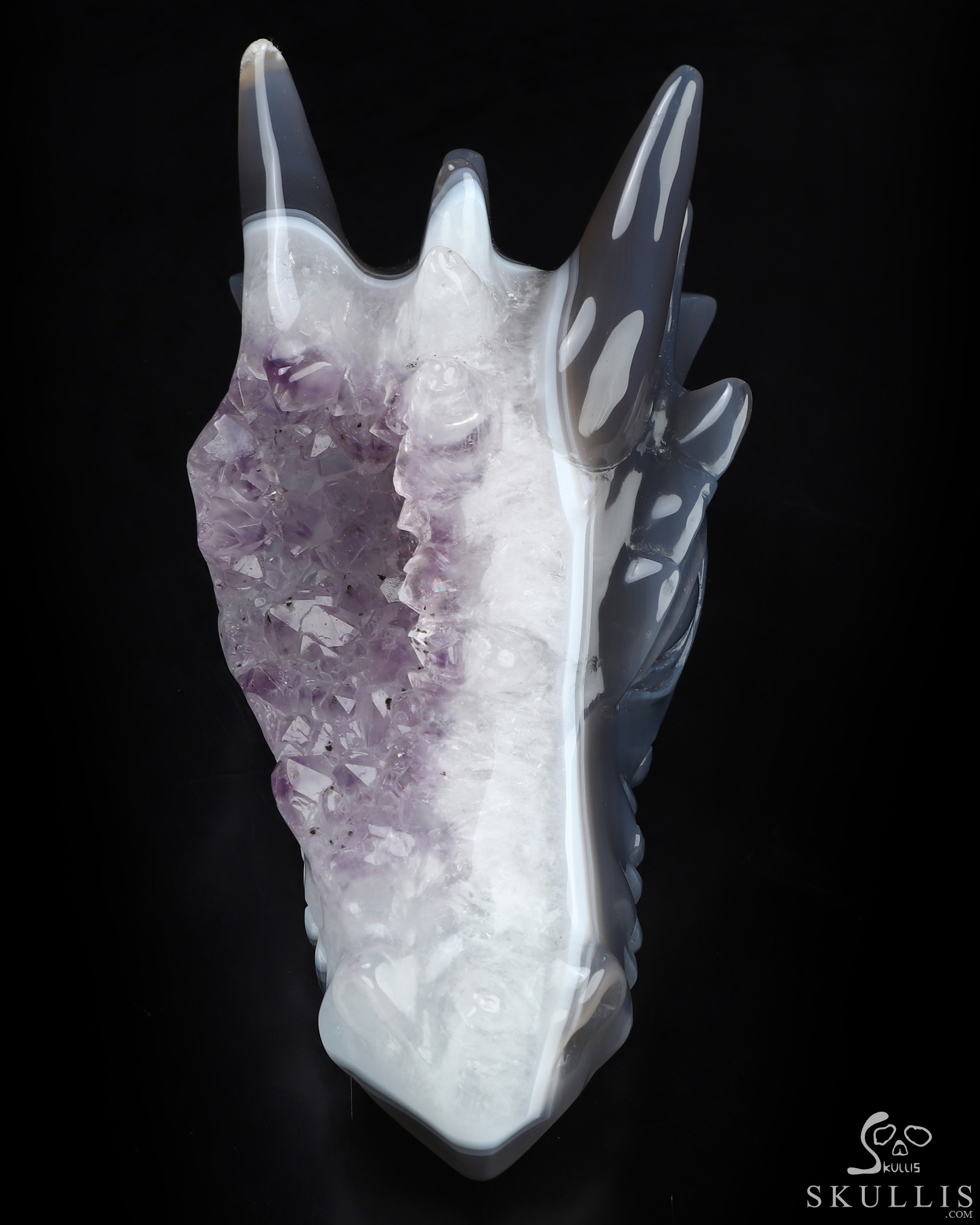 5.0" Agate Amethyst Druse Hand Carved Crystal Dragon Head Skull Sculpture, Crystal Healing 5.0" Agate Amethyst Druse Hand Carved Crystal Dragon Head Skull Sculpture, Crystal Healing