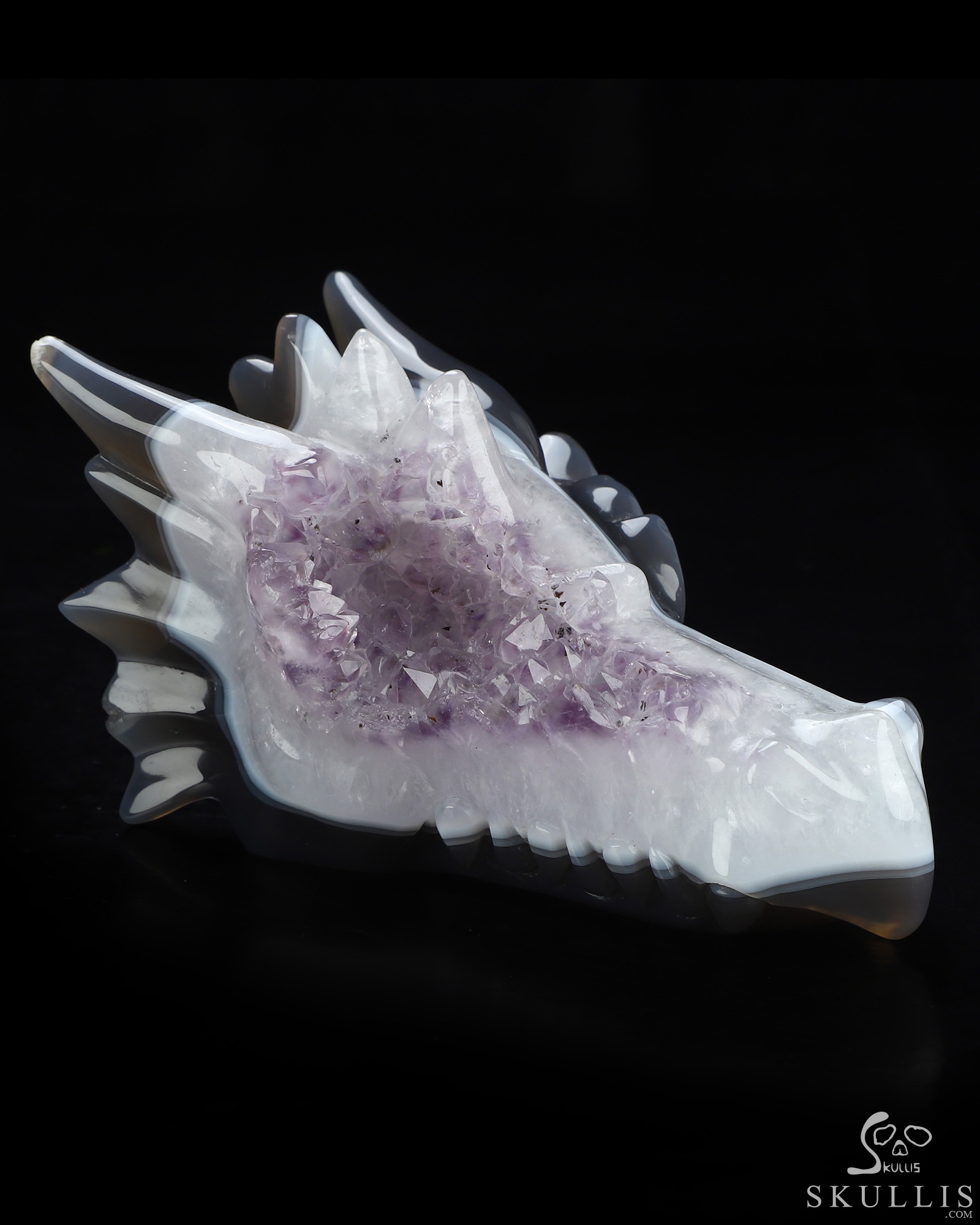 5.0" Agate Amethyst Druse Hand Carved Crystal Dragon Head Skull Sculpture, Crystal Healing 5.0" Agate Amethyst Druse Hand Carved Crystal Dragon Head Skull Sculpture, Crystal Healing