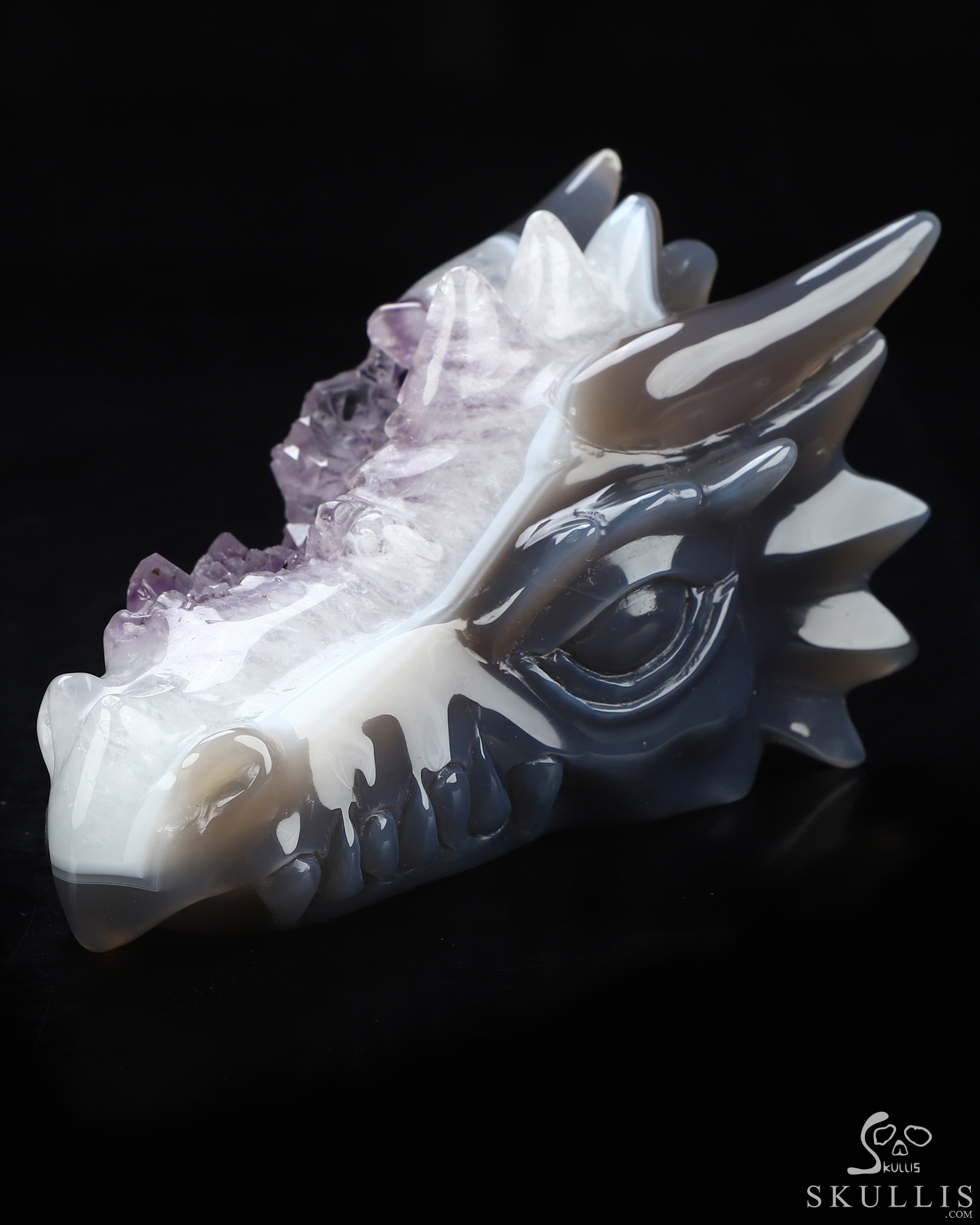 5.0" Agate Amethyst Druse Hand Carved Crystal Dragon Head Skull Sculpture, Crystal Healing 5.0" Agate Amethyst Druse Hand Carved Crystal Dragon Head Skull Sculpture, Crystal Healing