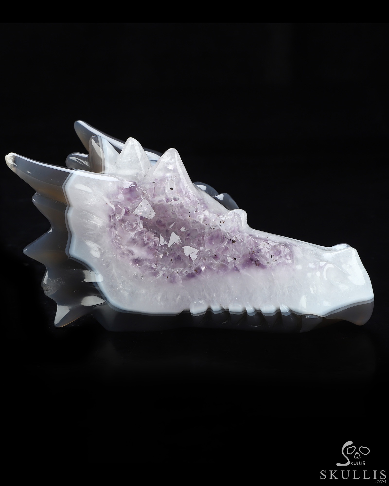 5.0" Agate Amethyst Druse Hand Carved Crystal Dragon Head Skull Sculpture, Crystal Healing 5.0" Agate Amethyst Druse Hand Carved Crystal Dragon Head Skull Sculpture, Crystal Healing