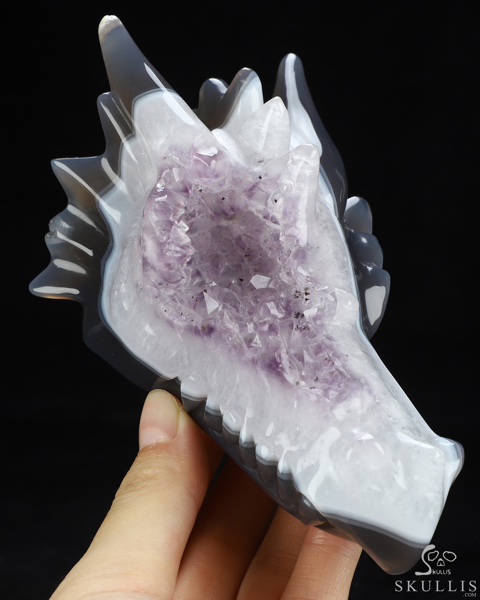 5.0" Agate Amethyst Druse Hand Carved Crystal Dragon Head Skull Sculpture, Crystal Healing 5.0" Agate Amethyst Druse Hand Carved Crystal Dragon Head Skull Sculpture, Crystal Healing