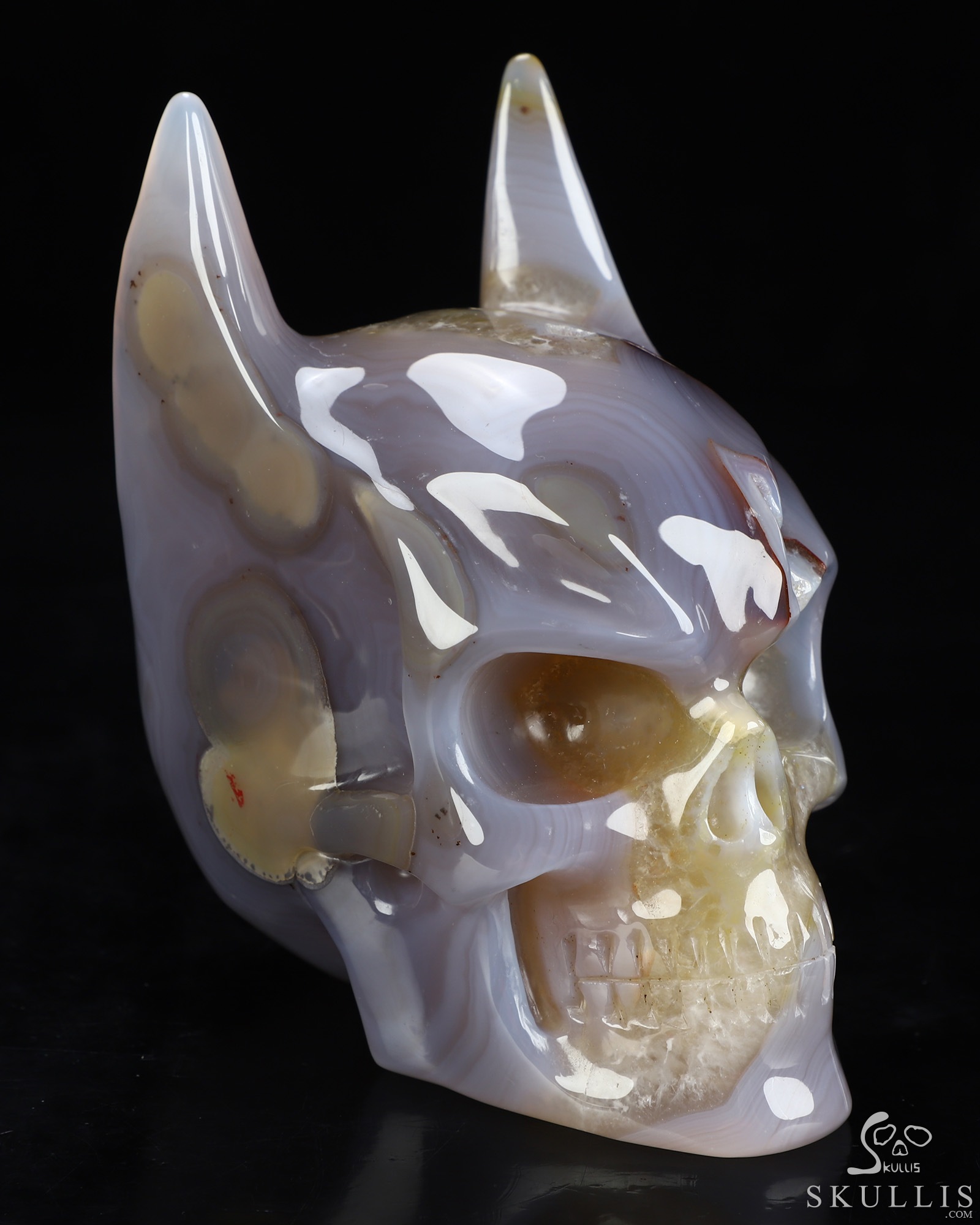 5.1" Premium Brazilian Agate Hand Carved Batman Crystal Skull Fine Art Sculpture, Crystal Healing 5.1" Premium Brazilian Agate Hand Carved Batman Crystal Skull Fine Art Sculpture, Crystal Healing