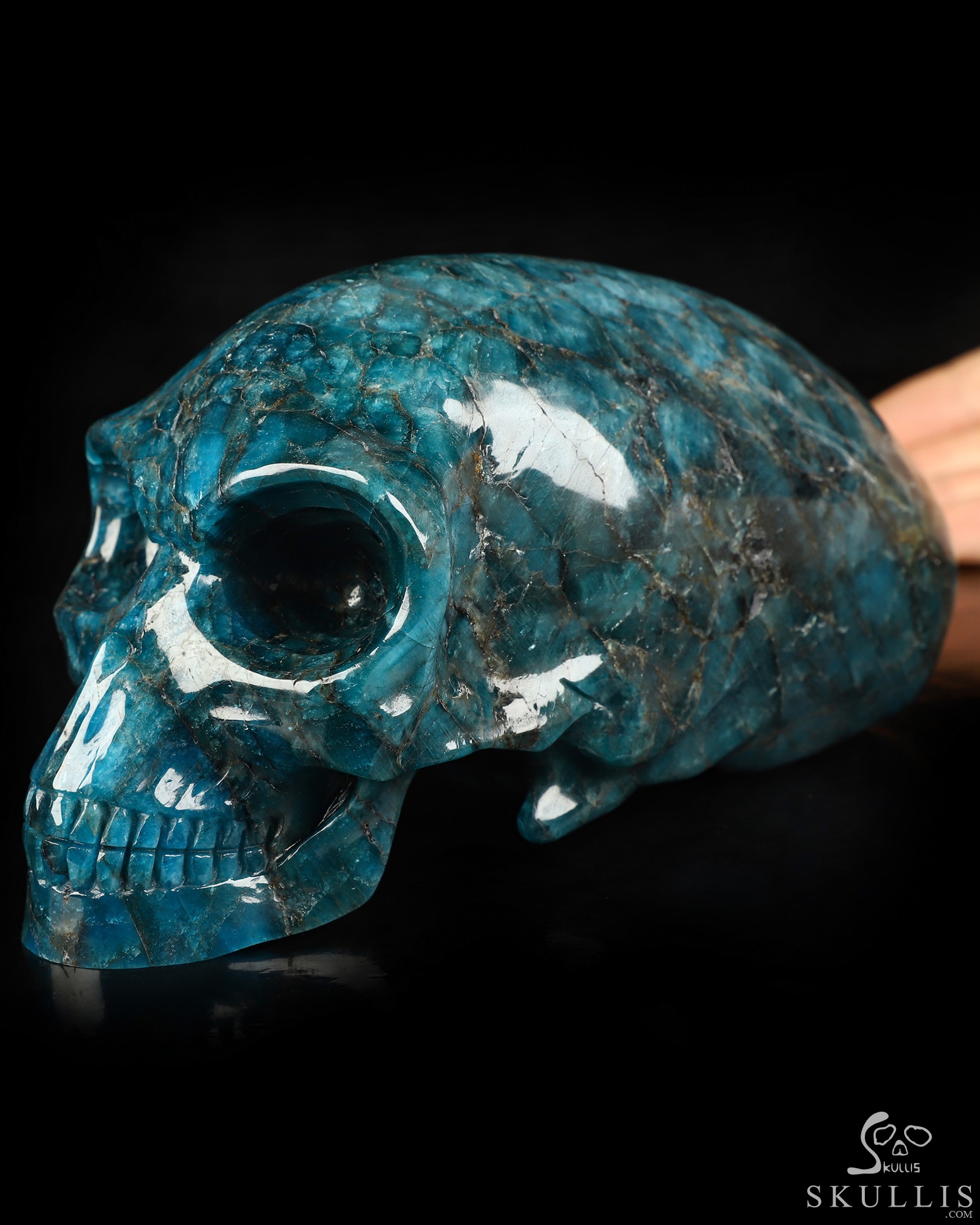 6.8" Blue Apatite Hand Carved Crystal Elongated Mayan Alien Skull Sculpture, Crystal Healing 6.8" Blue Apatite Hand Carved Crystal Elongated Mayan Alien Skull Sculpture, Crystal Healing