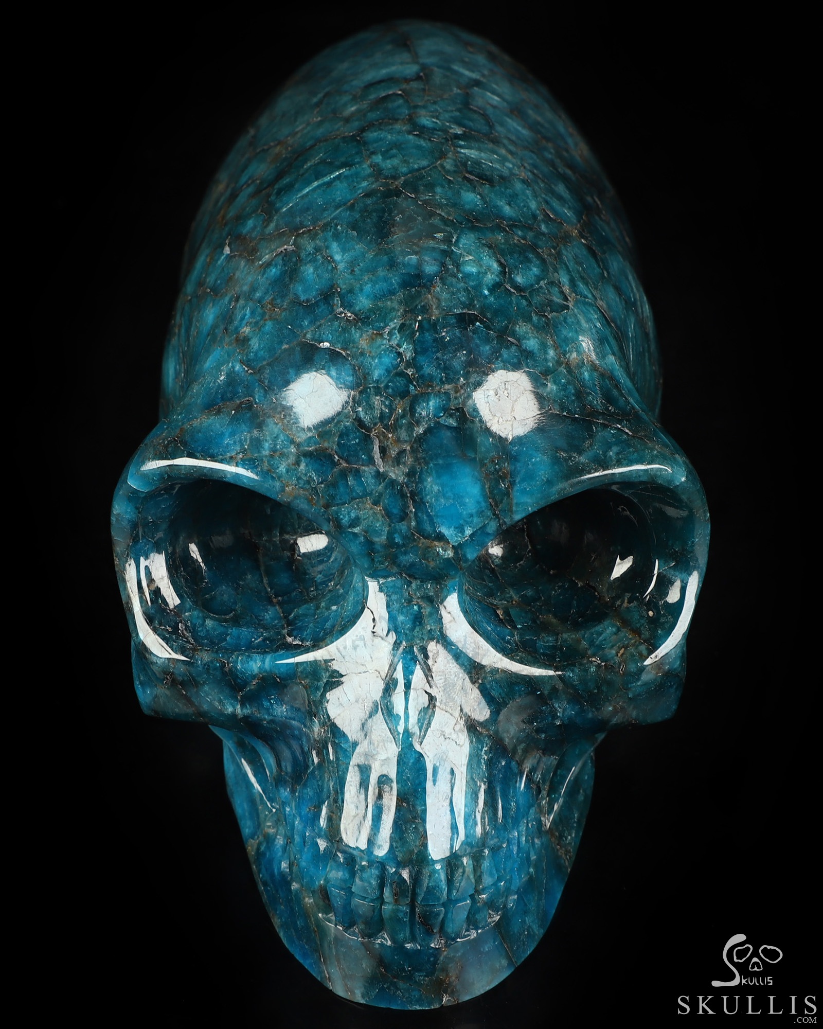 6.8" Blue Apatite Hand Carved Crystal Elongated Mayan Alien Skull Sculpture, Crystal Healing 6.8" Blue Apatite Hand Carved Crystal Elongated Mayan Alien Skull Sculpture, Crystal Healing