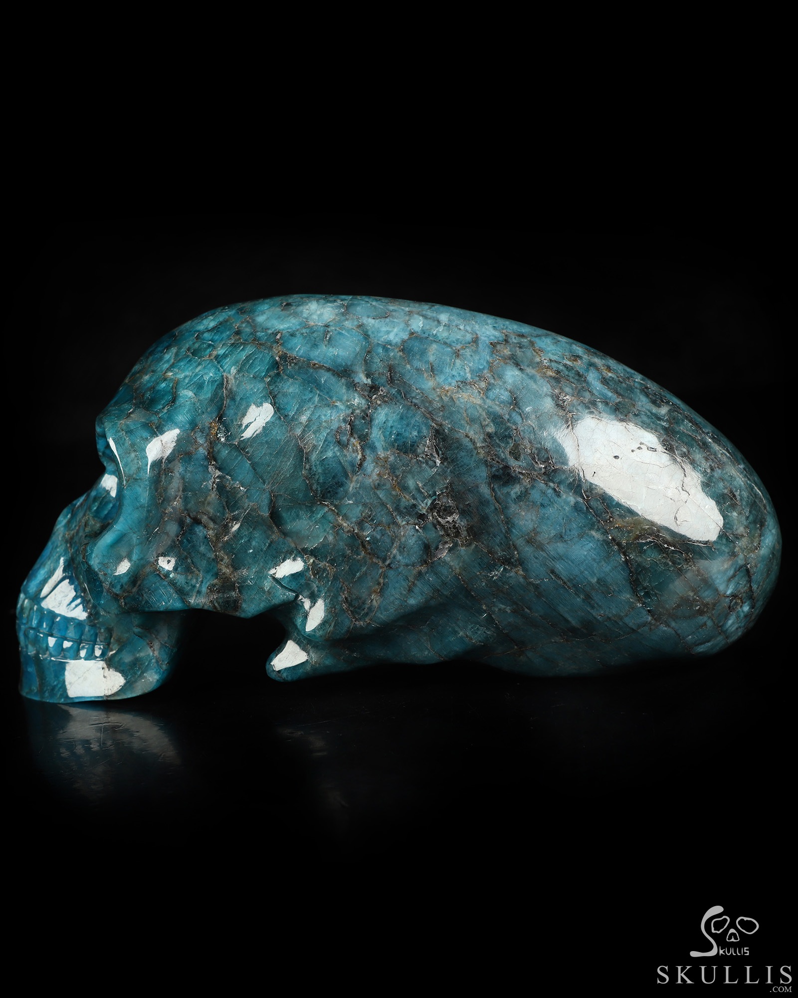 6.8" Blue Apatite Hand Carved Crystal Elongated Mayan Alien Skull Sculpture, Crystal Healing 6.8" Blue Apatite Hand Carved Crystal Elongated Mayan Alien Skull Sculpture, Crystal Healing