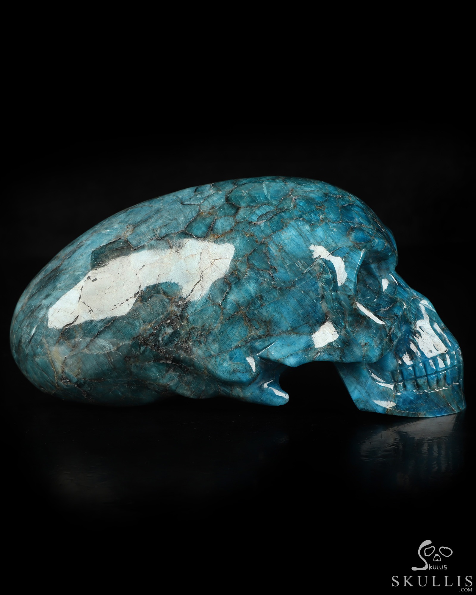 6.8" Blue Apatite Hand Carved Crystal Elongated Mayan Alien Skull Sculpture, Crystal Healing 6.8" Blue Apatite Hand Carved Crystal Elongated Mayan Alien Skull Sculpture, Crystal Healing