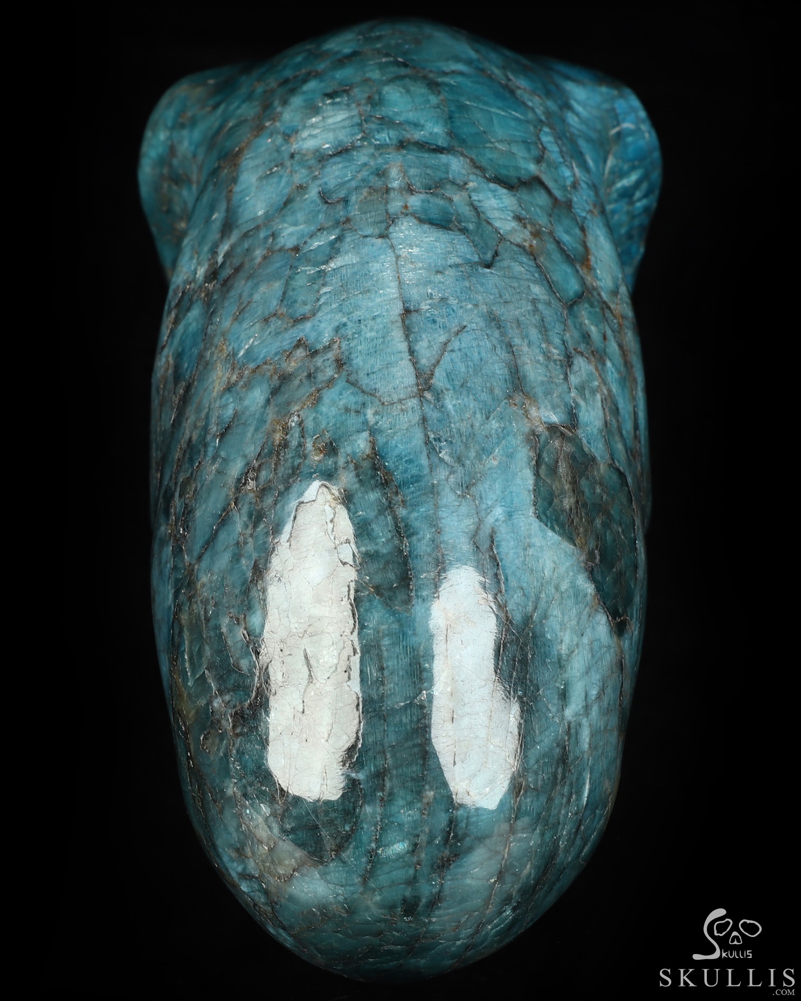 6.8" Blue Apatite Hand Carved Crystal Elongated Mayan Alien Skull Sculpture, Crystal Healing 6.8" Blue Apatite Hand Carved Crystal Elongated Mayan Alien Skull Sculpture, Crystal Healing