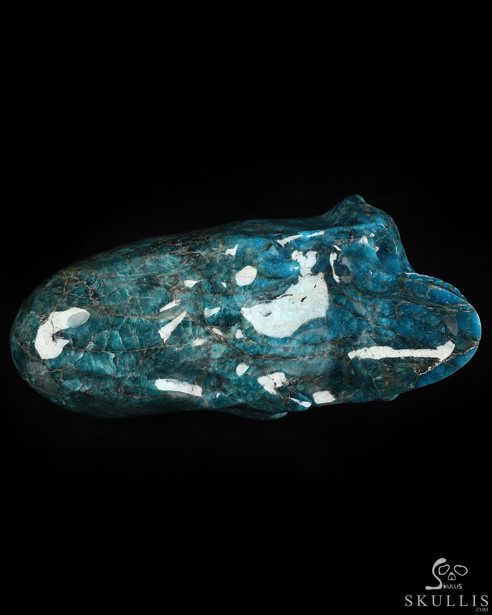 6.8" Blue Apatite Hand Carved Crystal Elongated Mayan Alien Skull Sculpture, Crystal Healing 6.8" Blue Apatite Hand Carved Crystal Elongated Mayan Alien Skull Sculpture, Crystal Healing