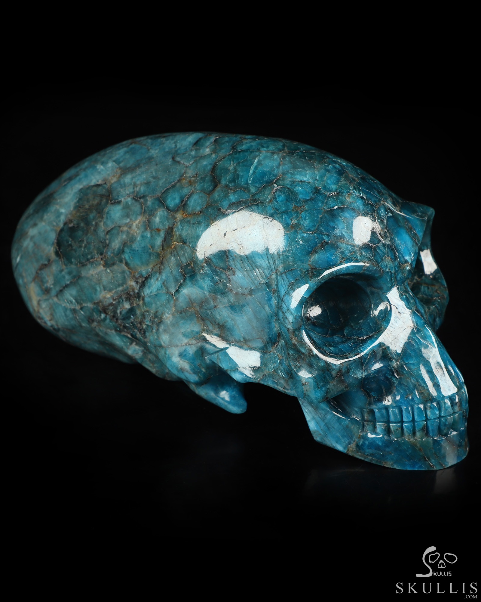 6.8" Blue Apatite Hand Carved Crystal Elongated Mayan Alien Skull Sculpture, Crystal Healing 6.8" Blue Apatite Hand Carved Crystal Elongated Mayan Alien Skull Sculpture, Crystal Healing
