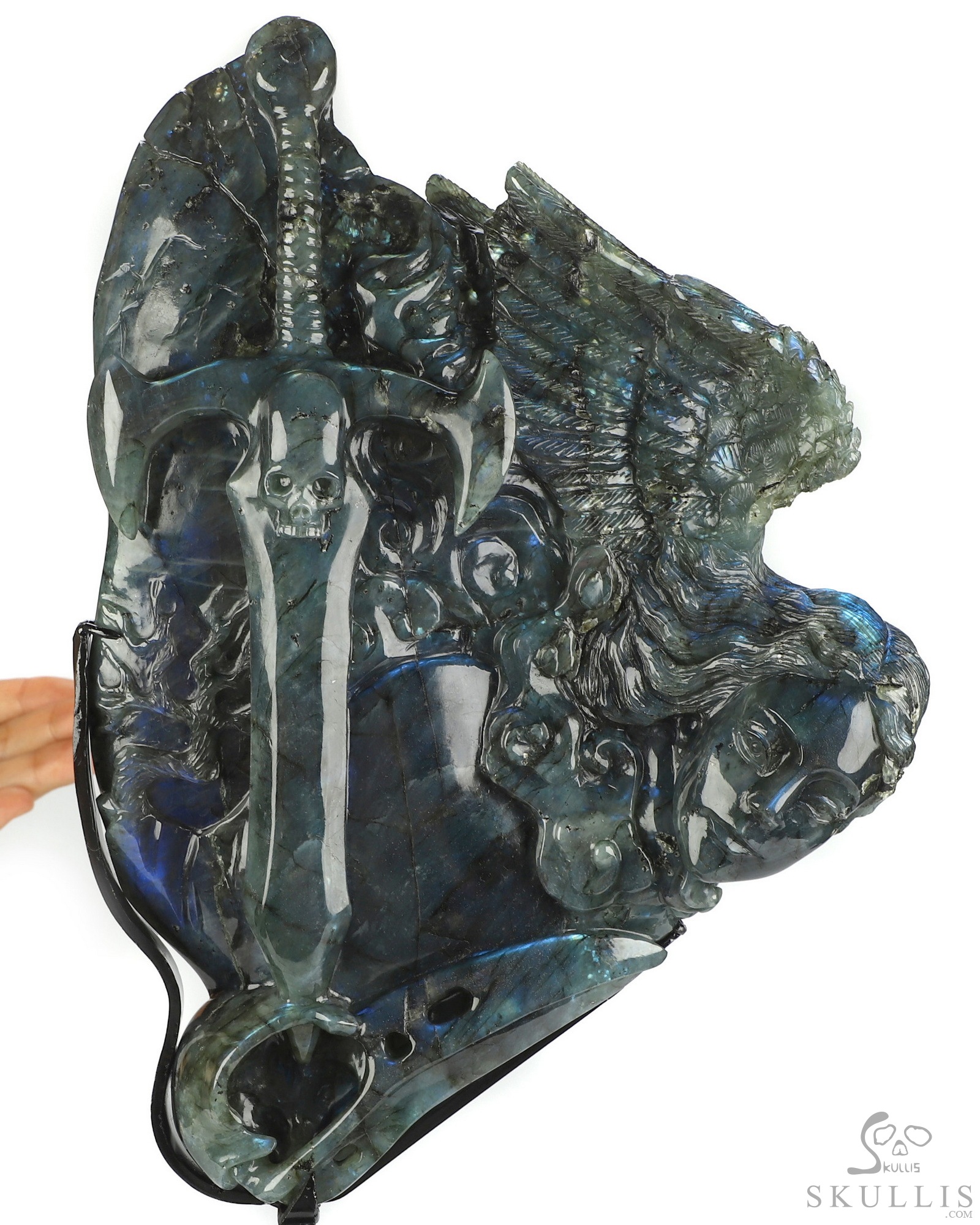 Aug 26, 2026 ACSAD (A Crystal Skull a Day) - The Vigil of Brynhild - 10.5" Labradorite Hand Carved Crystal Skull Fine Art Sculpture With Raven, Valkyrie & Sword, Crystal Healing Aug 26, 2026 ACSAD (A Crystal Skull a Day) - The Vigil of Brynhild - 10.5" Labradorite Hand Carved Crystal Skull Fine Art Sculpture With Raven, Valkyrie & Sword, Crystal Healing