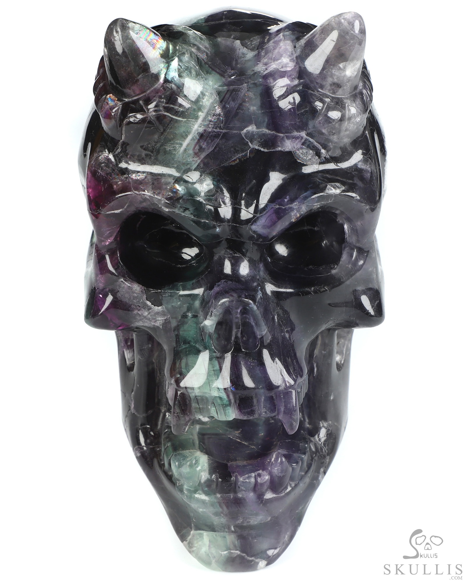 Ring-Base Horned Skull - 6.4" Fluorite Hand Carved Crystal Skull Fine Art Sculpture, Crystal Healing Ring-Base Horned Skull - 6.4" Fluorite Hand Carved Crystal Skull Fine Art Sculpture, Crystal Healing