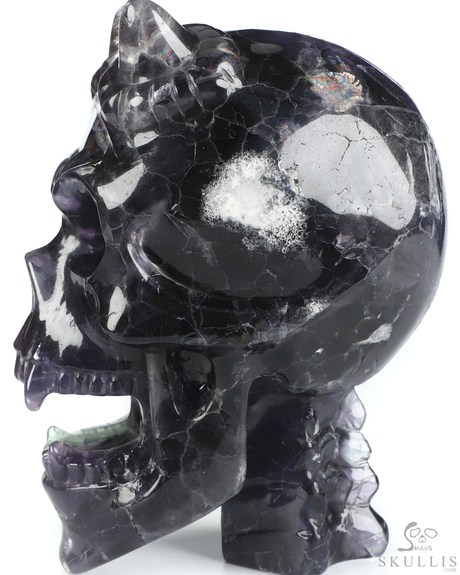 Ring-Base Horned Skull - 6.4" Fluorite Hand Carved Crystal Skull Fine Art Sculpture, Crystal Healing Ring-Base Horned Skull - 6.4" Fluorite Hand Carved Crystal Skull Fine Art Sculpture, Crystal Healing