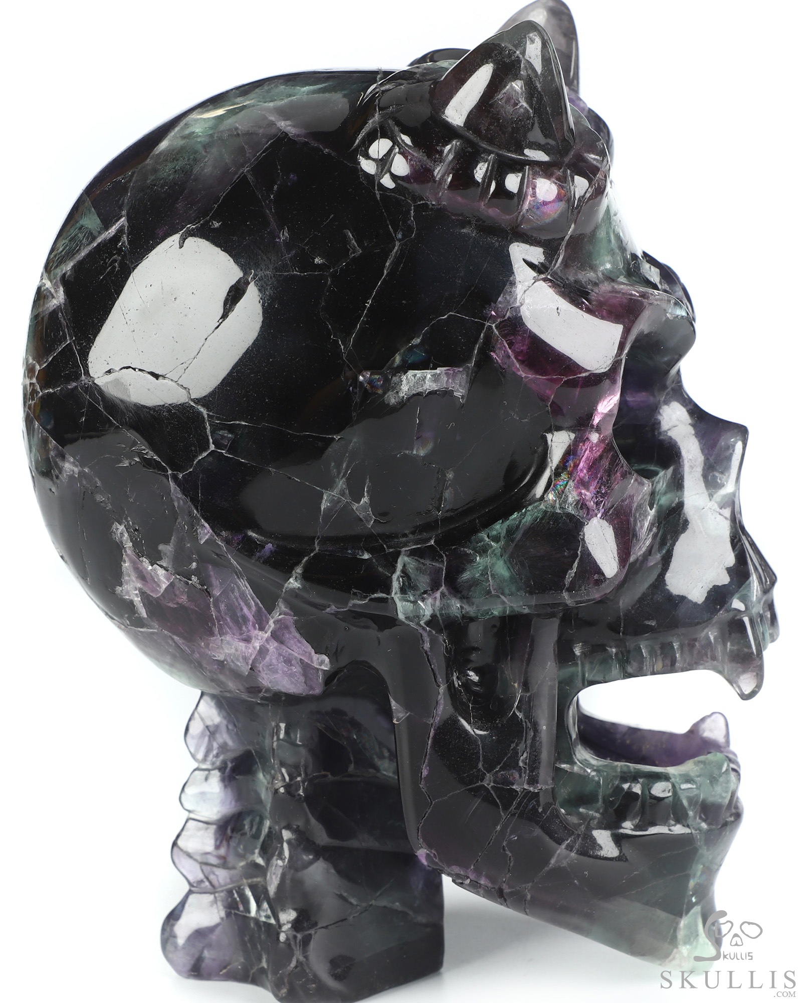 Ring-Base Horned Skull - 6.4" Fluorite Hand Carved Crystal Skull Fine Art Sculpture, Crystal Healing Ring-Base Horned Skull - 6.4" Fluorite Hand Carved Crystal Skull Fine Art Sculpture, Crystal Healing