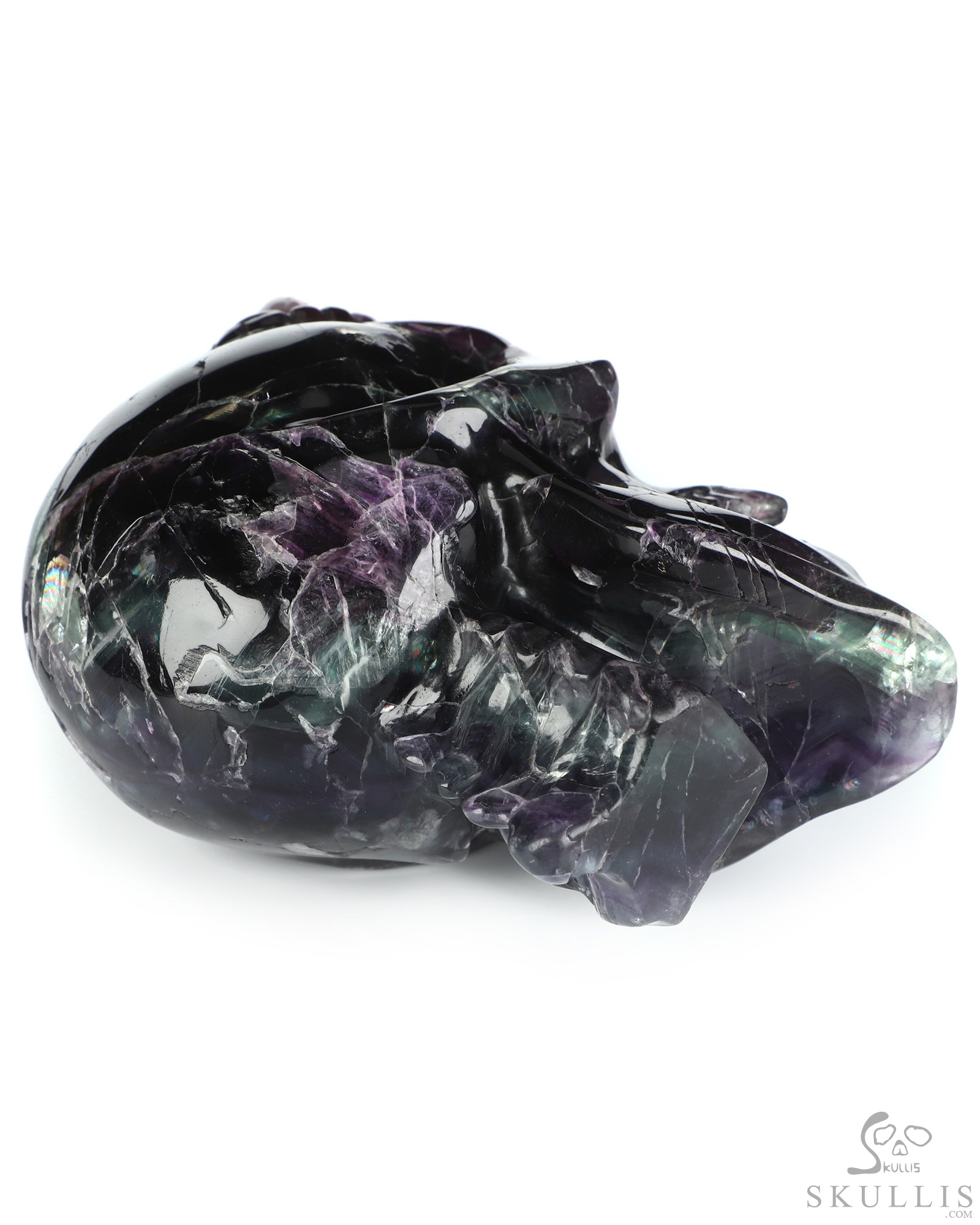 Ring-Base Horned Skull - 6.4" Fluorite Hand Carved Crystal Skull Fine Art Sculpture, Crystal Healing Ring-Base Horned Skull - 6.4" Fluorite Hand Carved Crystal Skull Fine Art Sculpture, Crystal Healing