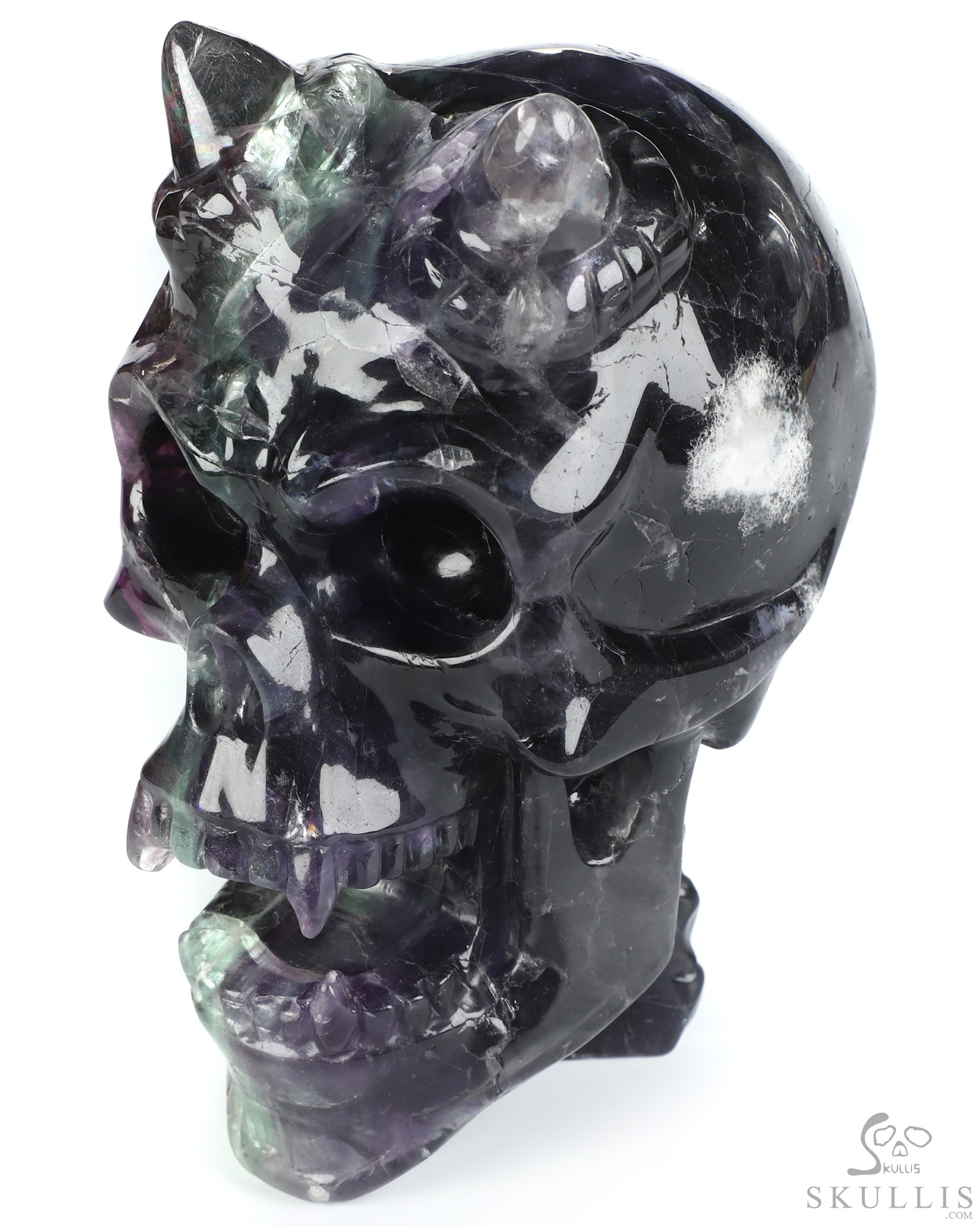 Ring-Base Horned Skull - 6.4" Fluorite Hand Carved Crystal Skull Fine Art Sculpture, Crystal Healing Ring-Base Horned Skull - 6.4" Fluorite Hand Carved Crystal Skull Fine Art Sculpture, Crystal Healing
