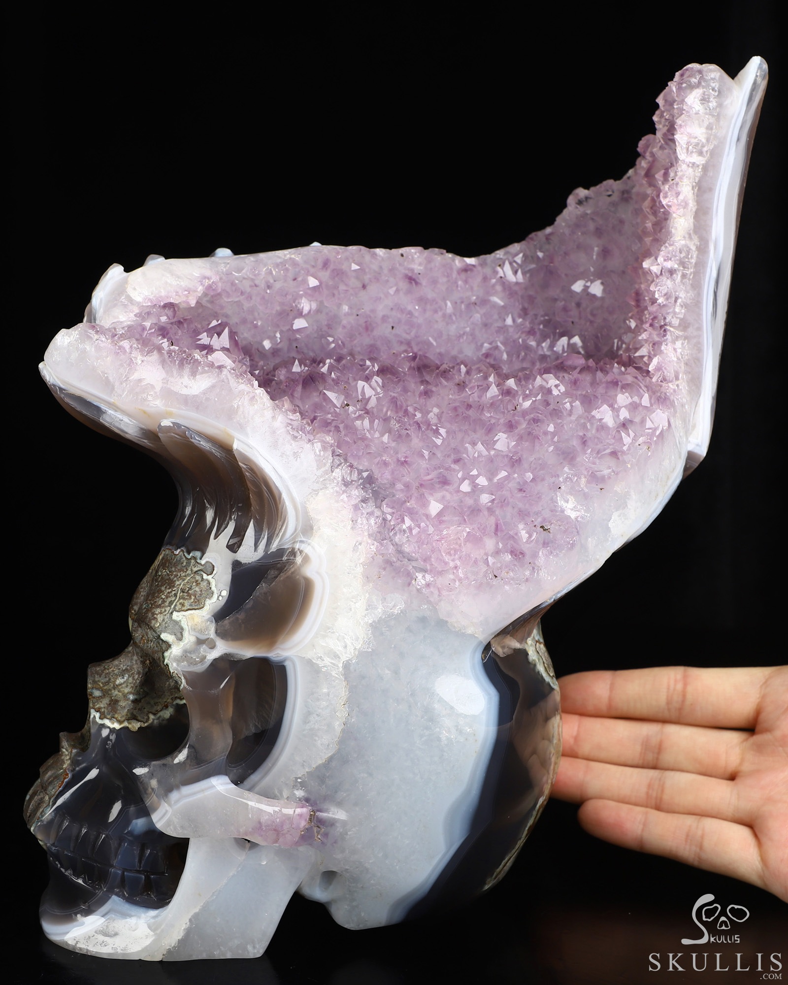 9.3" Agate Amethyst Druse Hand Carved Crystal Skull Fine Art Sculpture, Crystal Healing 9.3" Agate Amethyst Druse Hand Carved Crystal Skull Fine Art Sculpture, Crystal Healing