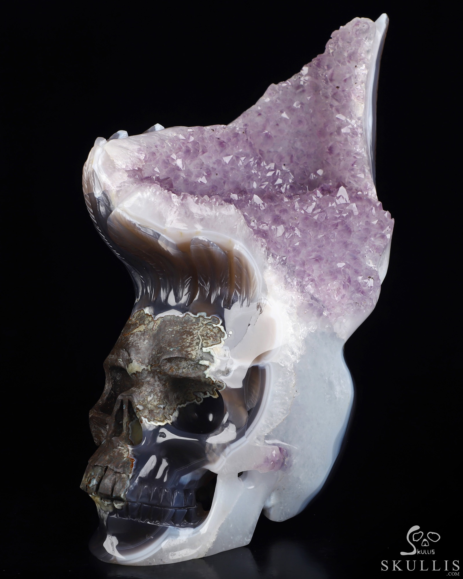 9.3" Agate Amethyst Druse Hand Carved Crystal Skull Fine Art Sculpture, Crystal Healing 9.3" Agate Amethyst Druse Hand Carved Crystal Skull Fine Art Sculpture, Crystal Healing