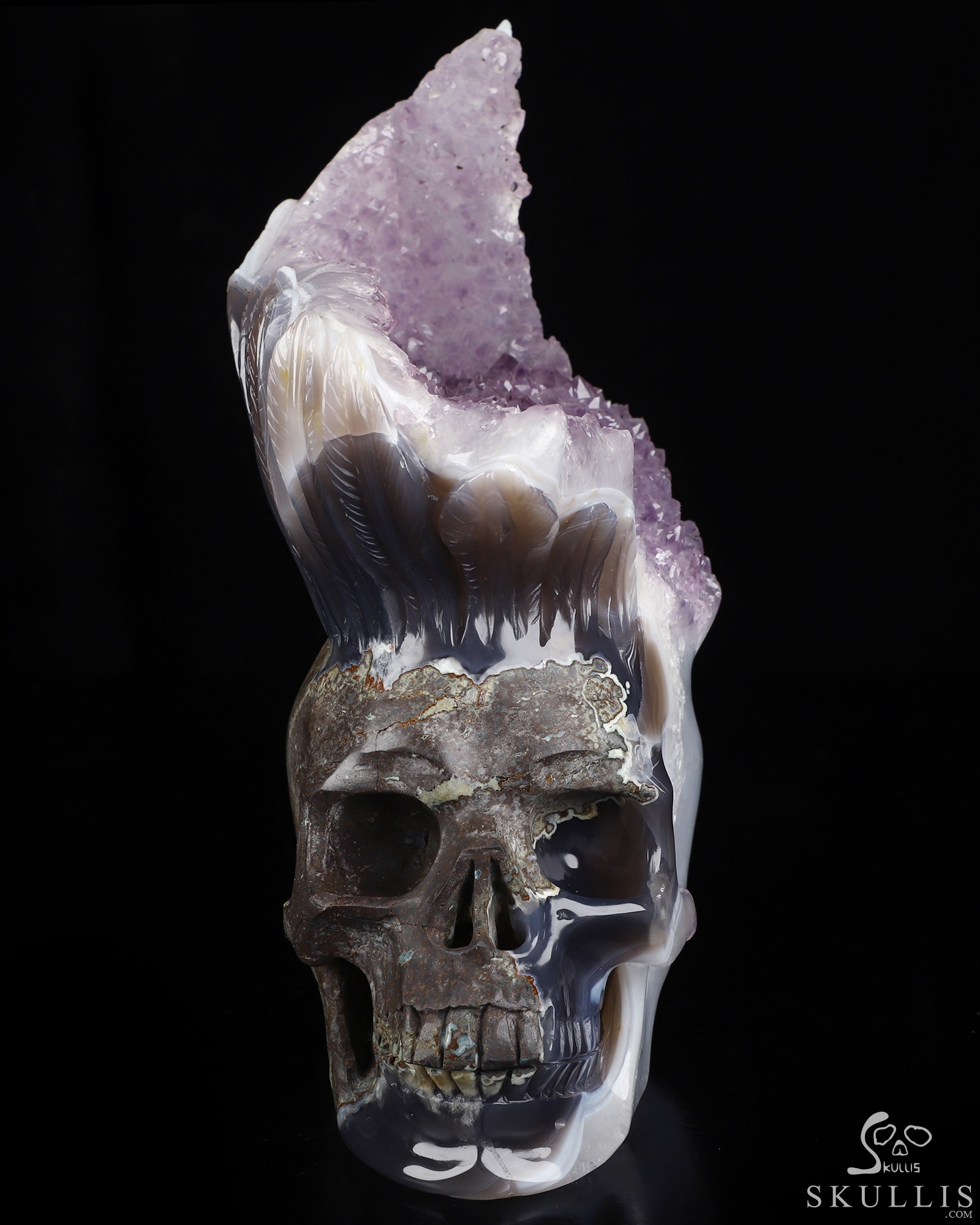 9.3" Agate Amethyst Druse Hand Carved Crystal Skull Fine Art Sculpture, Crystal Healing 9.3" Agate Amethyst Druse Hand Carved Crystal Skull Fine Art Sculpture, Crystal Healing